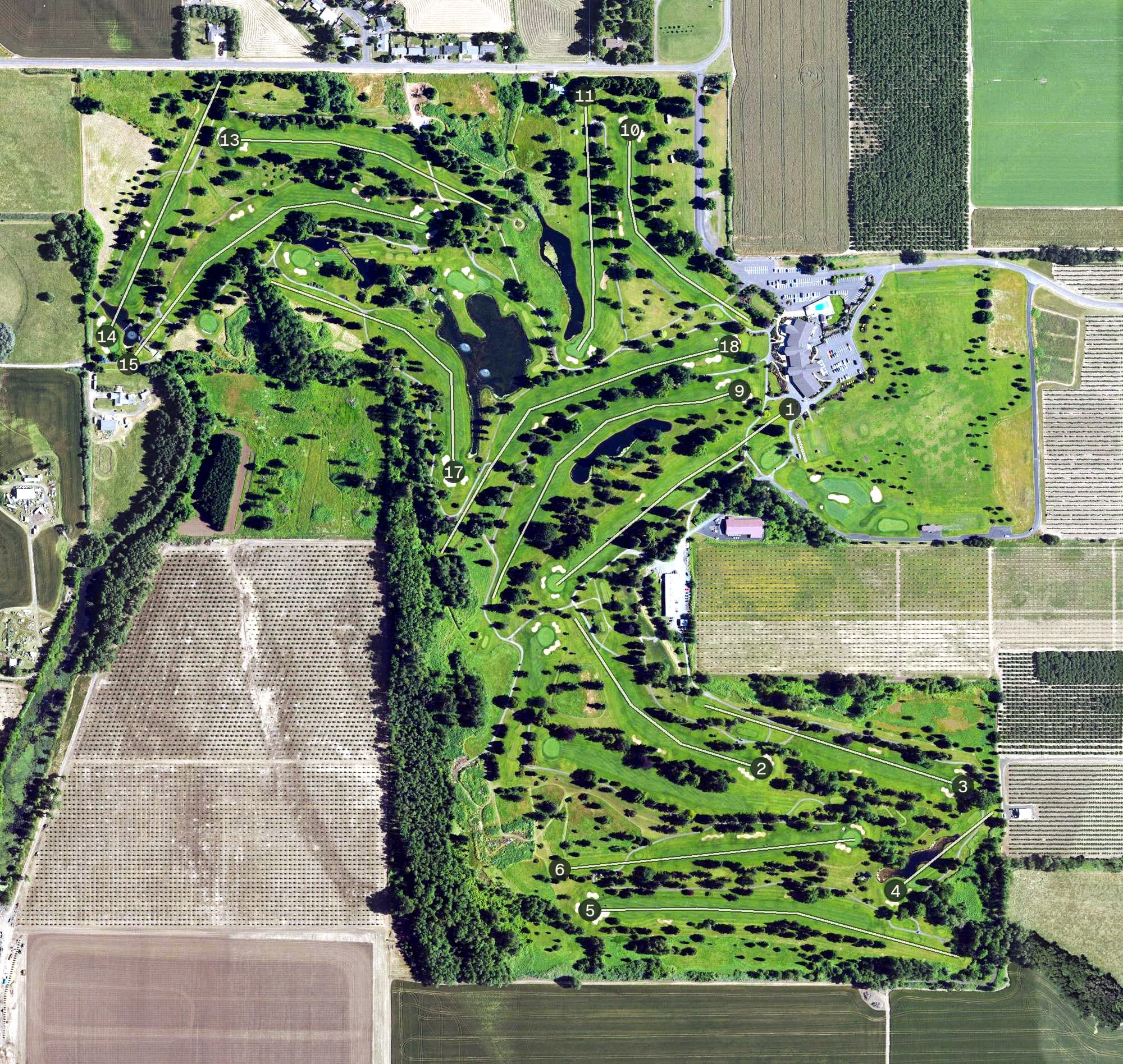 Aerial view of Shadow HIlls Country Club, OR, with its hole routing marked