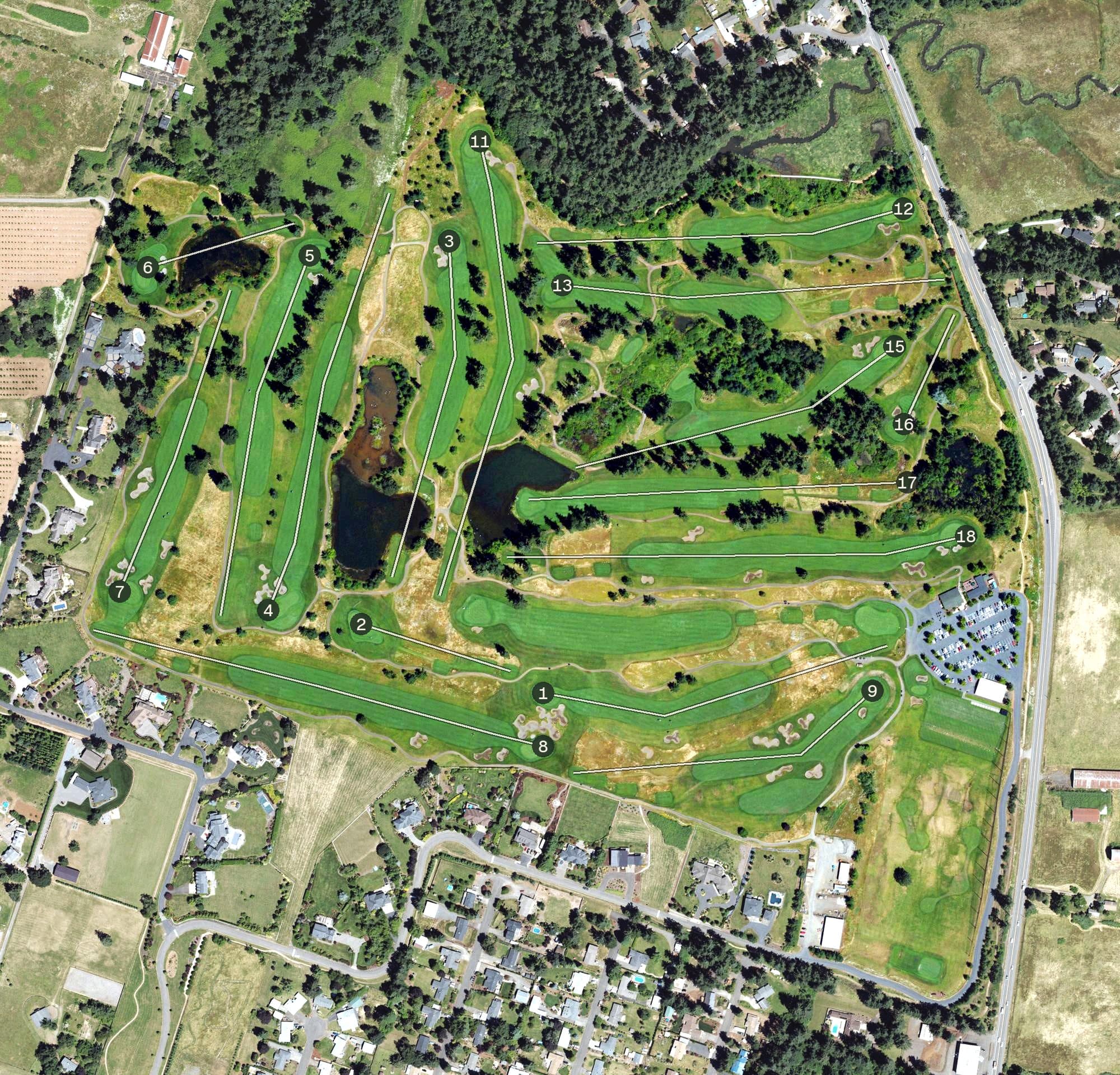 Aerial view of Stone Creek Golf Club, OR, with its hole routing marked
