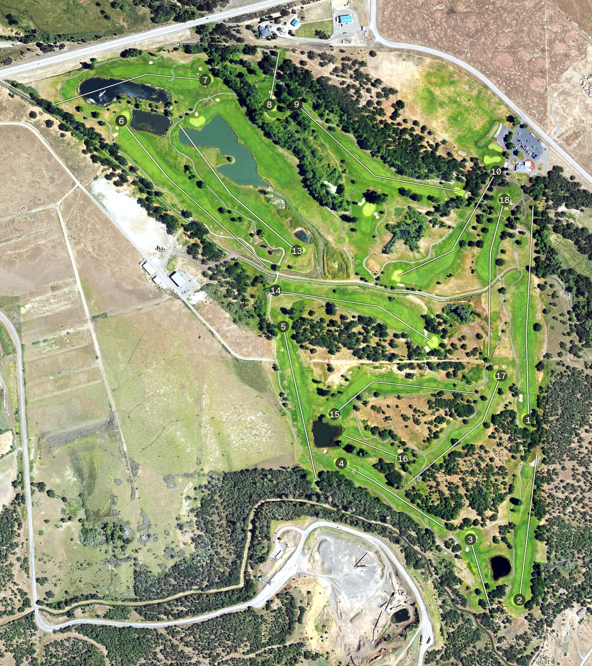 Aerial view of Stone Ridge Golf Club, OR, with its hole routing marked