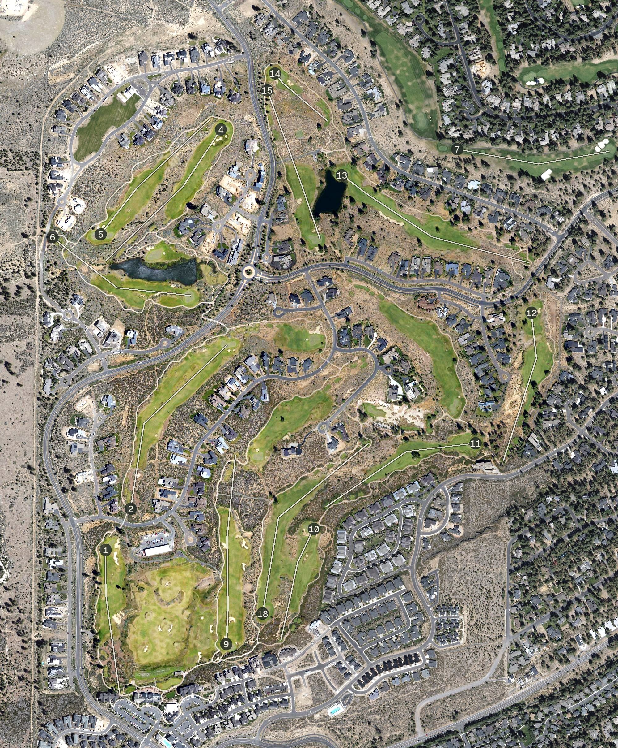 Aerial view of Tetherow Golf Club, OR, with its hole routing marked
