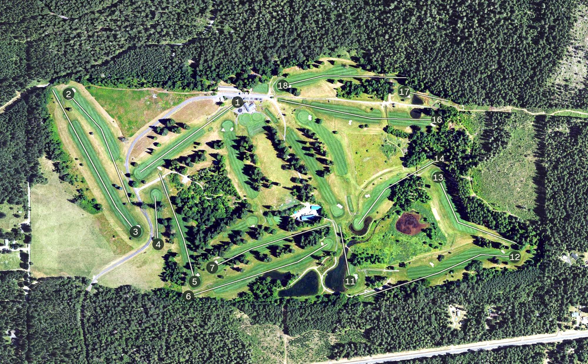 Aerial view of Tokatee Golf Club, OR, with its hole routing marked