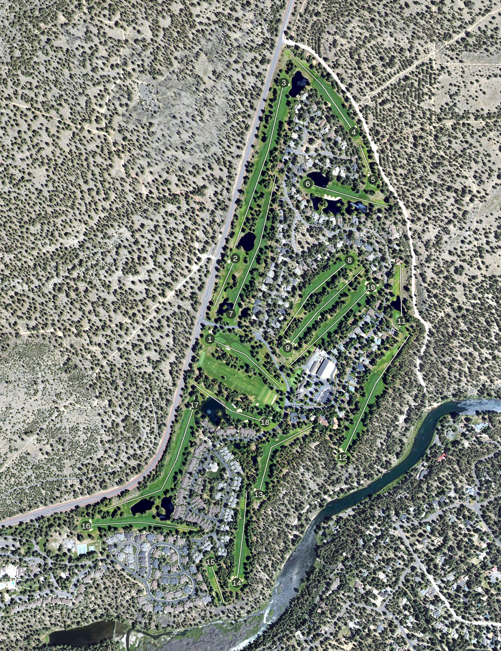Aerial view of Widgi Creek Golf Course, OR, with its hole routing marked