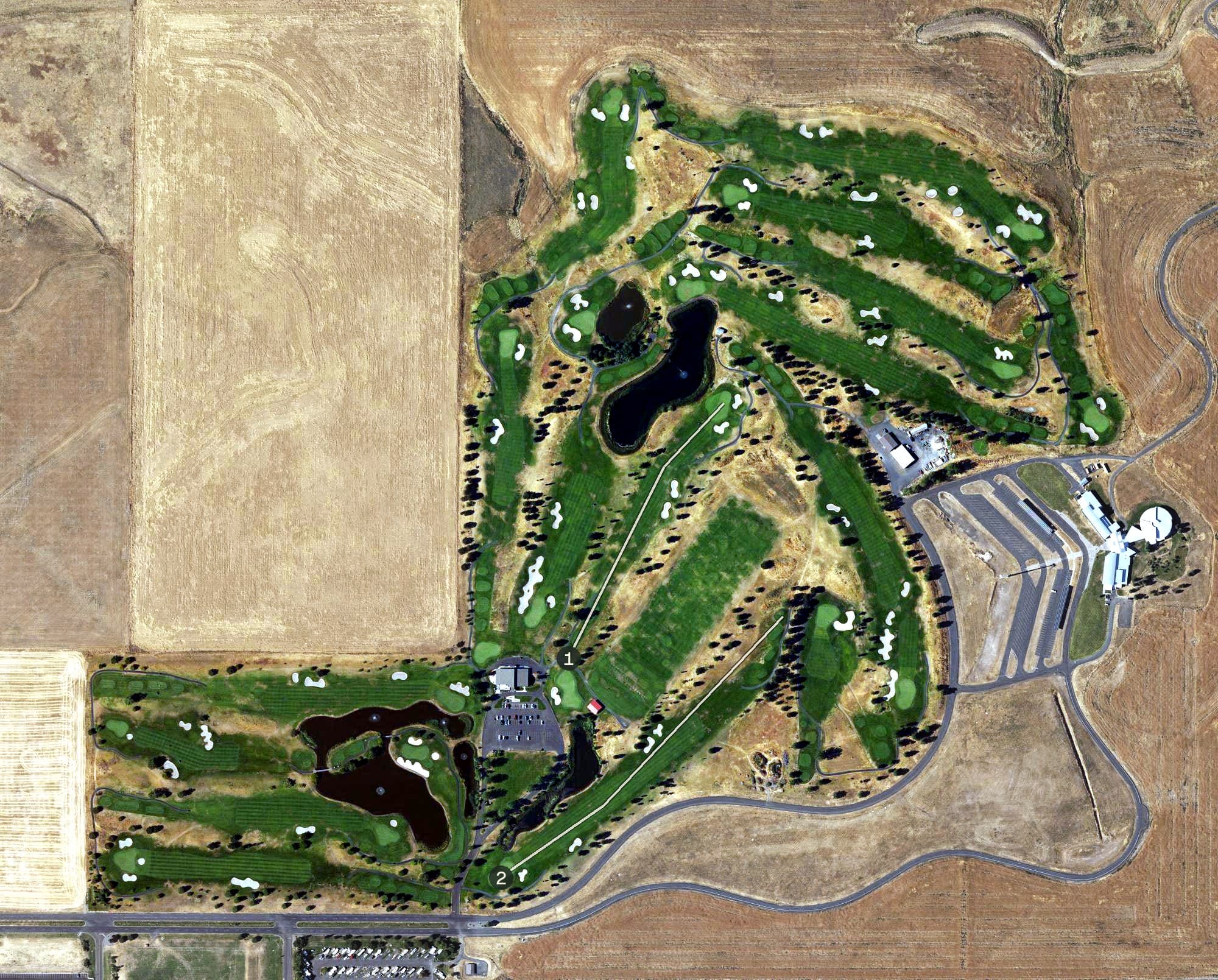 Aerial view of Wildhorse Golf Course, OR, with its hole routing marked