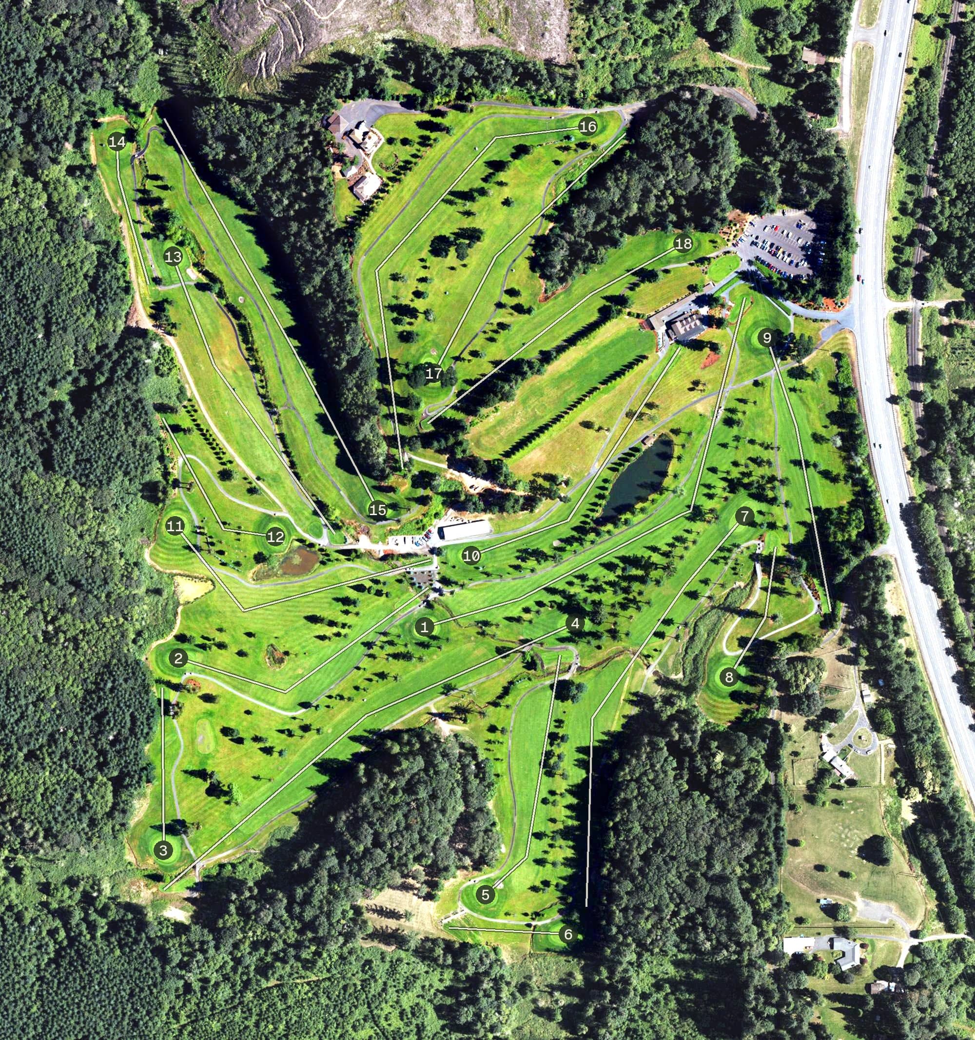 Aerial view of Wildwood Golf Course, OR, with its hole routing marked