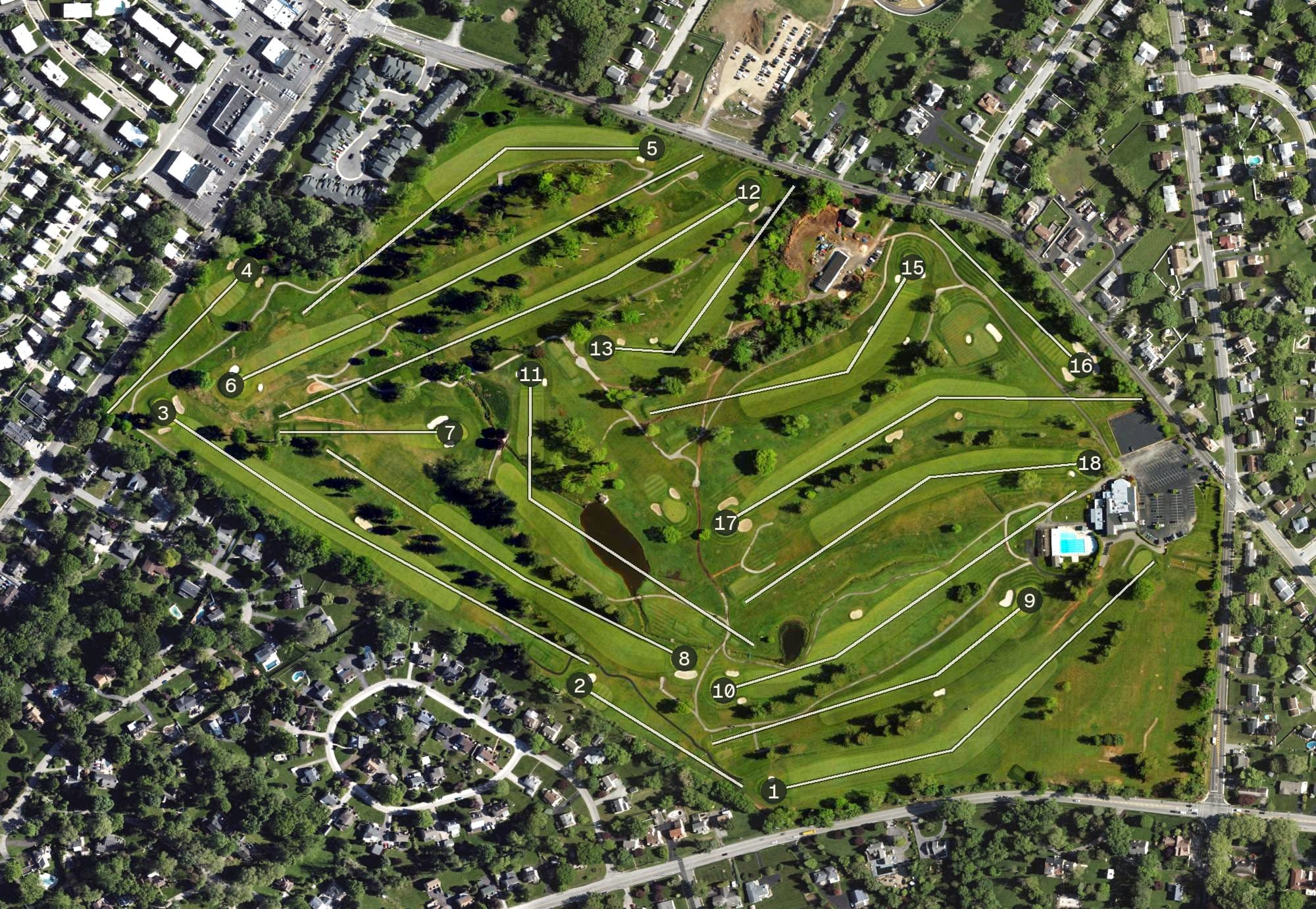 Aerial view of 1912 Club, PA, with its hole routing marked