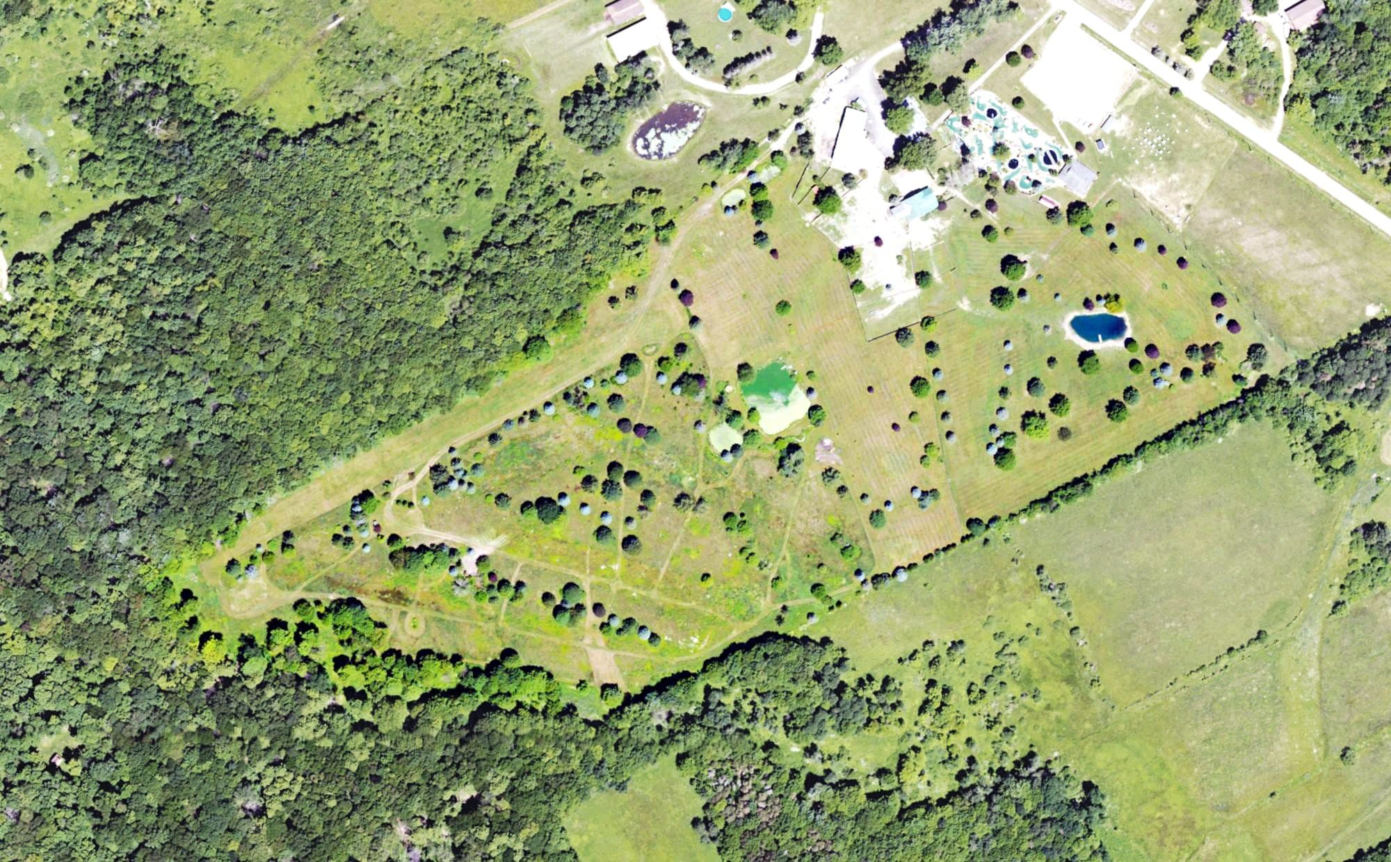 Aerial view of Adventures Erie at Lake Pleasant, PA, with its hole routing marked