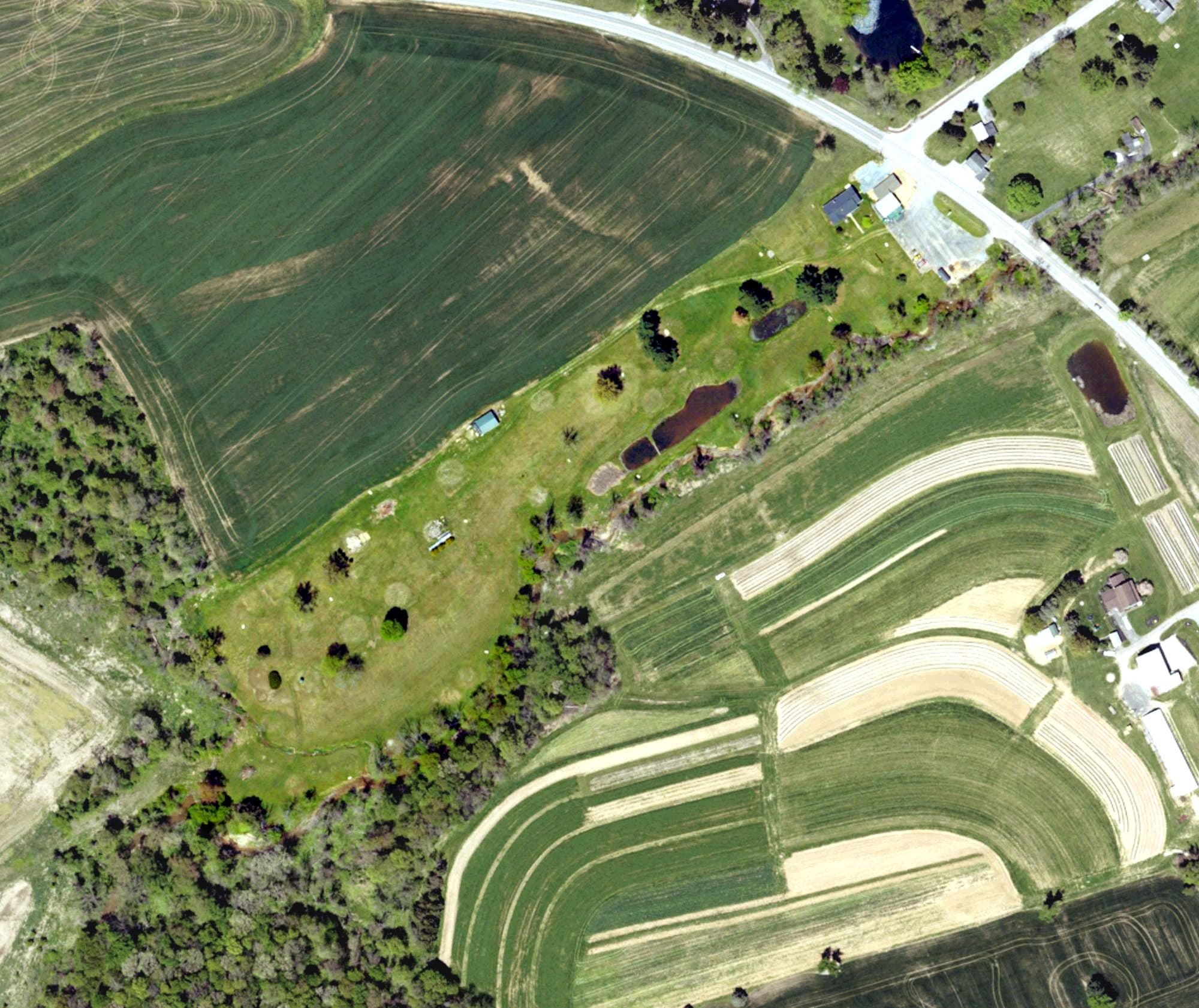 Aerial view of Anchored Soul Golf, PA, with its hole routing marked