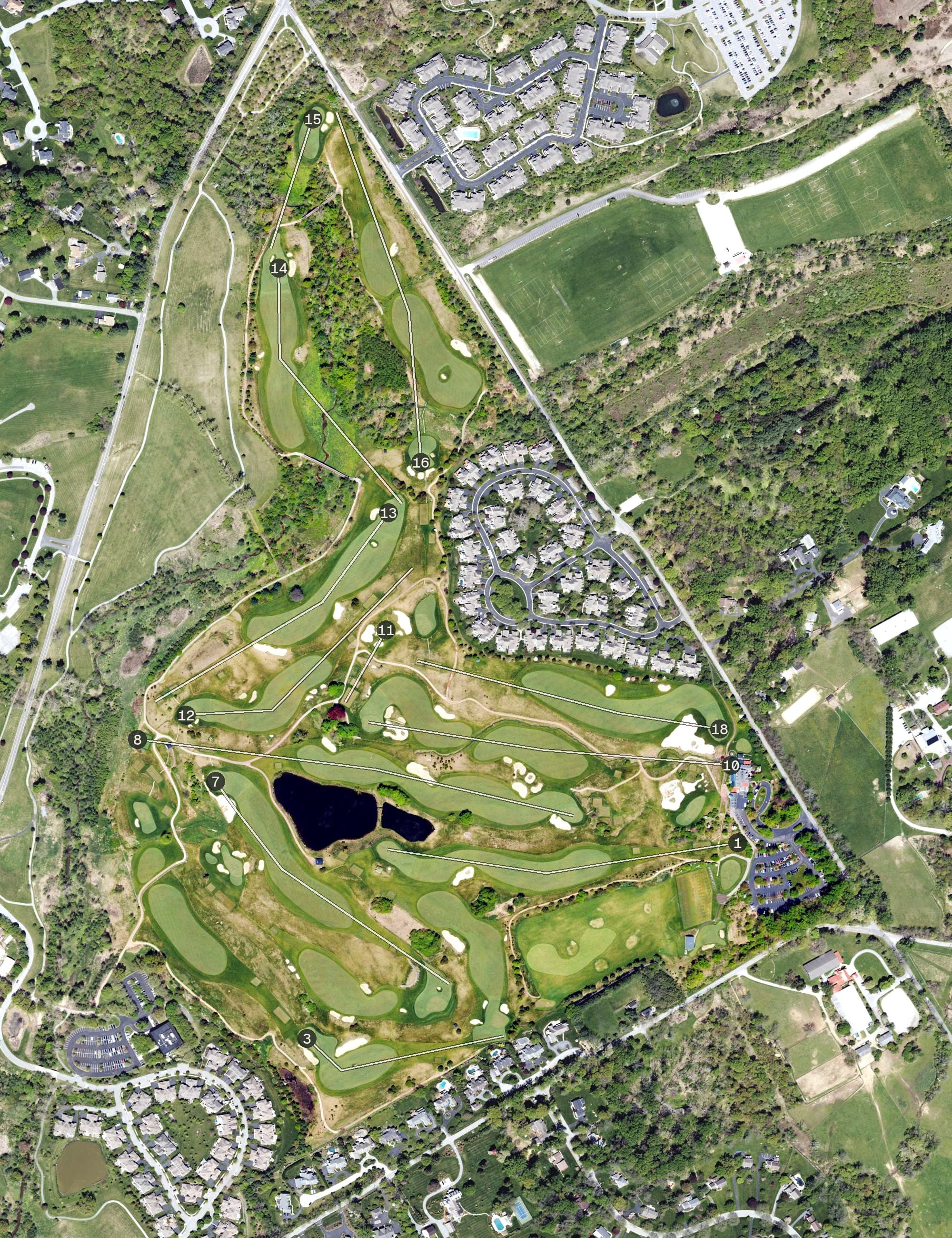 Aerial view of Applebrook Golf Club, PA, with its hole routing marked