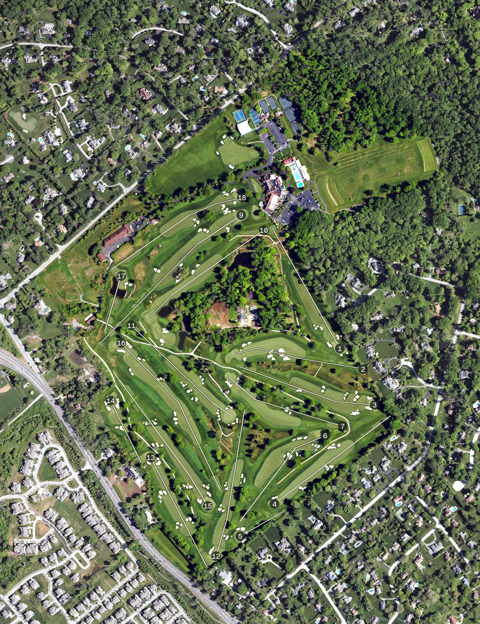 Aerial view of Aronimink Golf Club, PA, with its hole routing marked