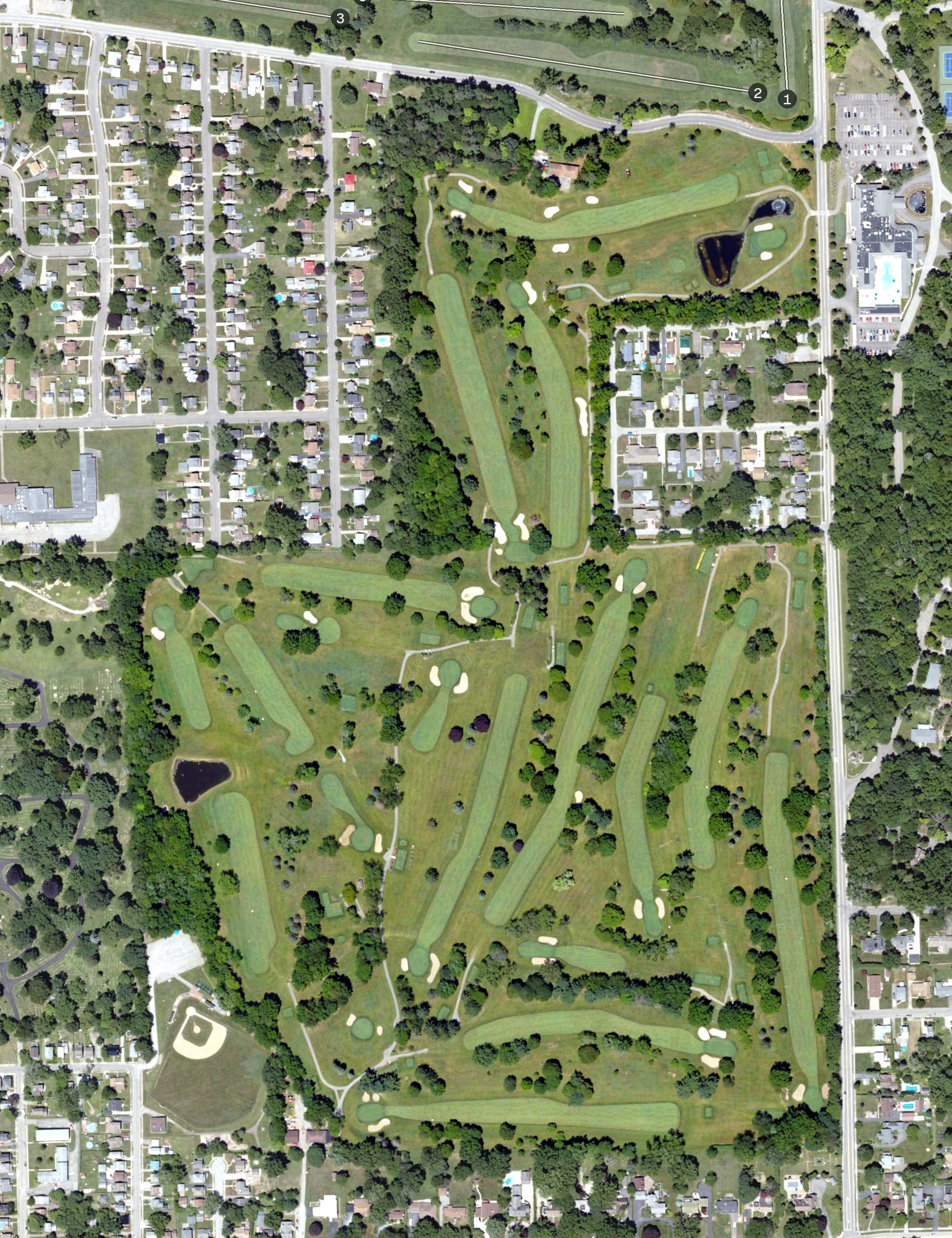 Aerial view of Avalon at Buhl Park, PA, with its hole routing marked