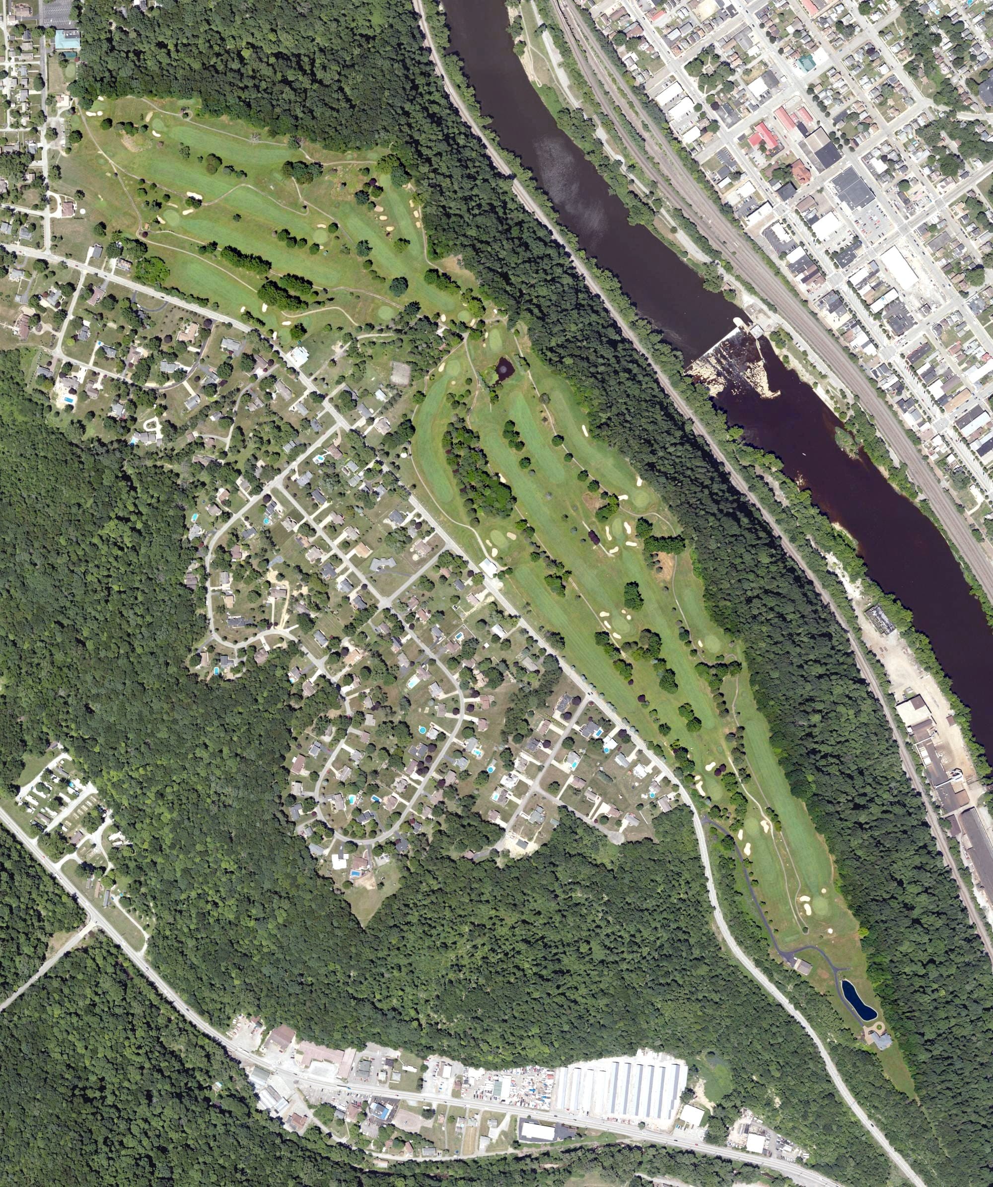 Aerial view of Beaver Valley Golf Club, PA, with its hole routing marked