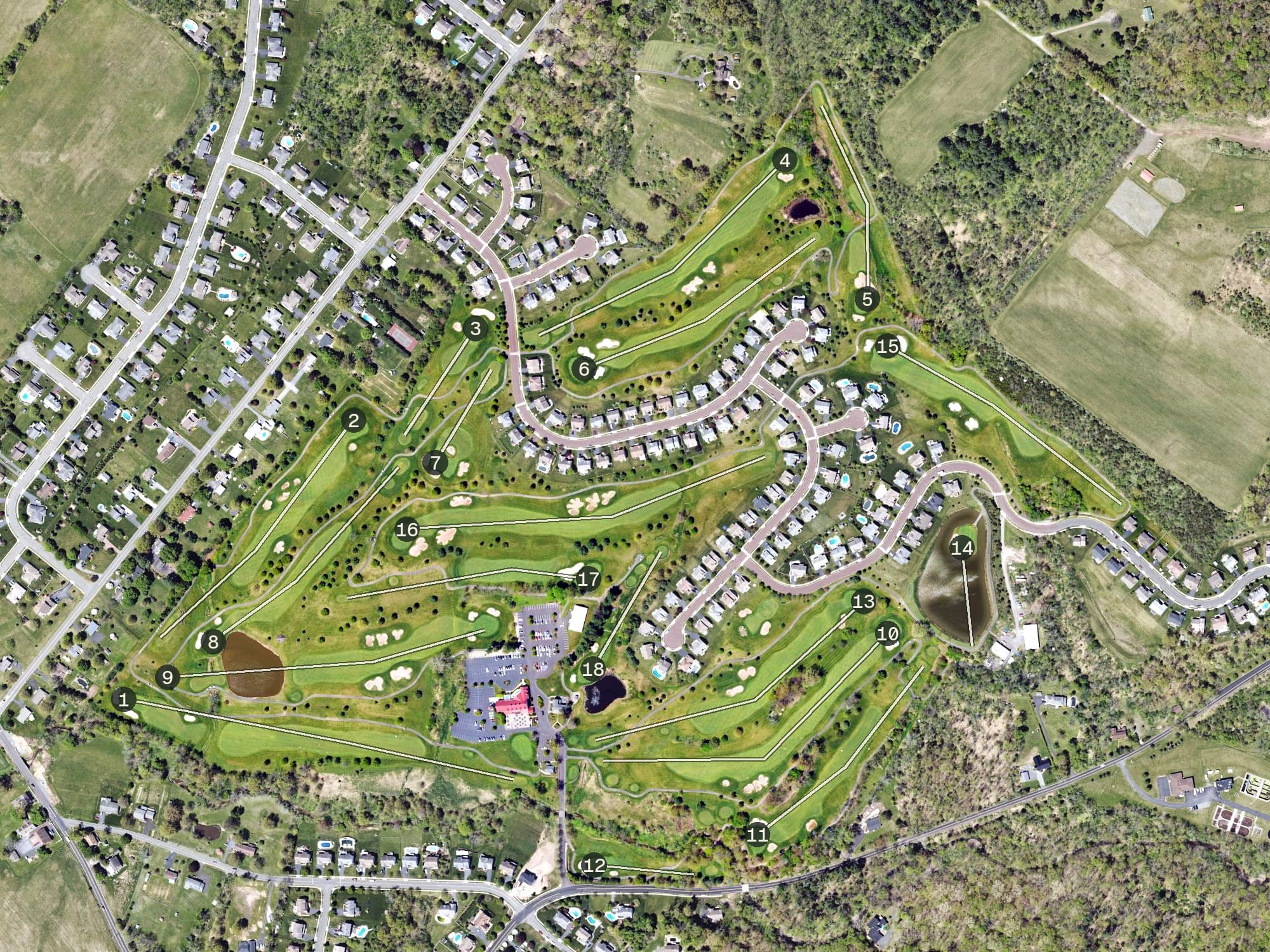 Aerial view of Bella Vista Golf Course, PA, with its hole routing marked