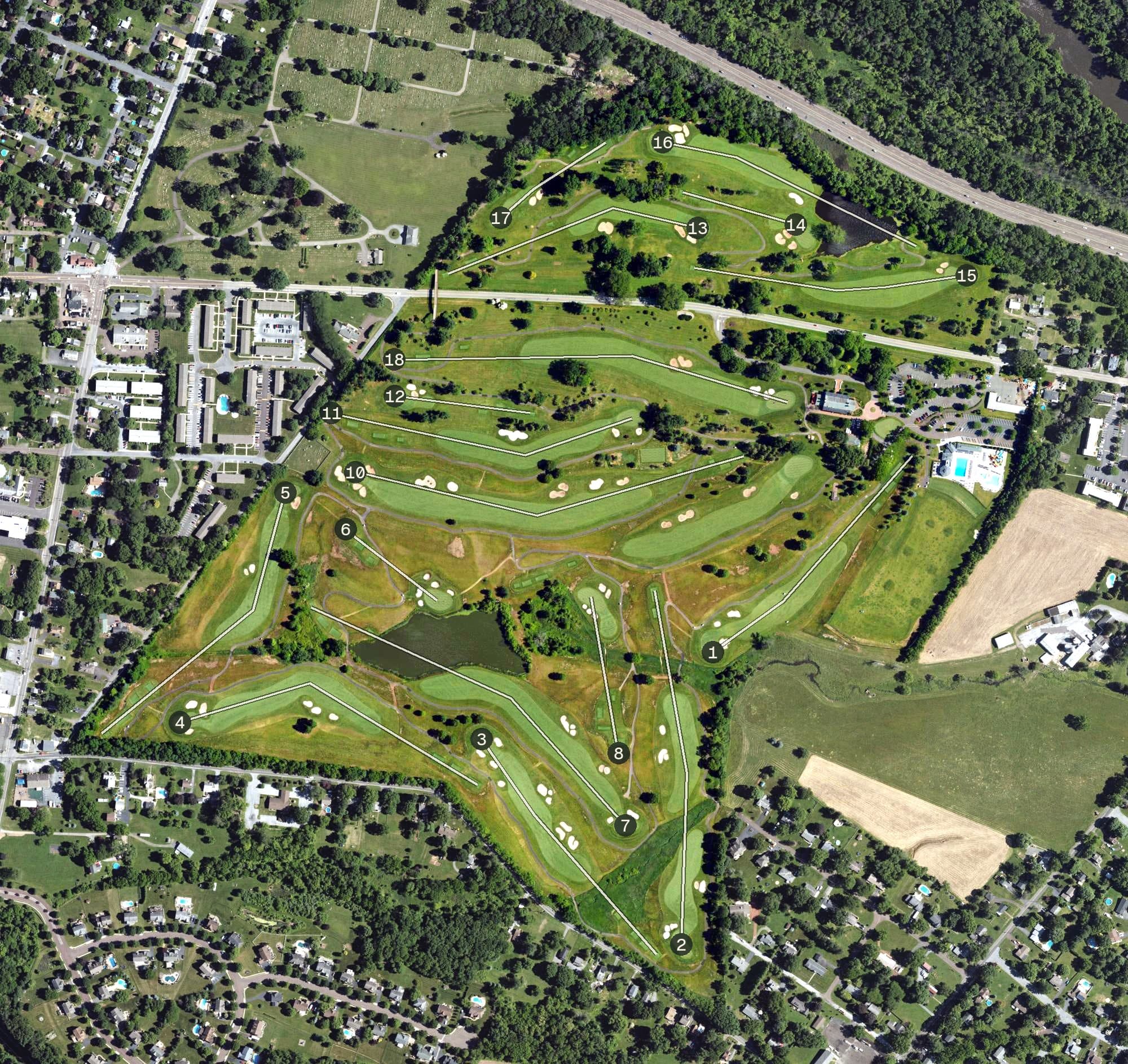 Aerial view of Bellewood Country Club, PA, with its hole routing marked