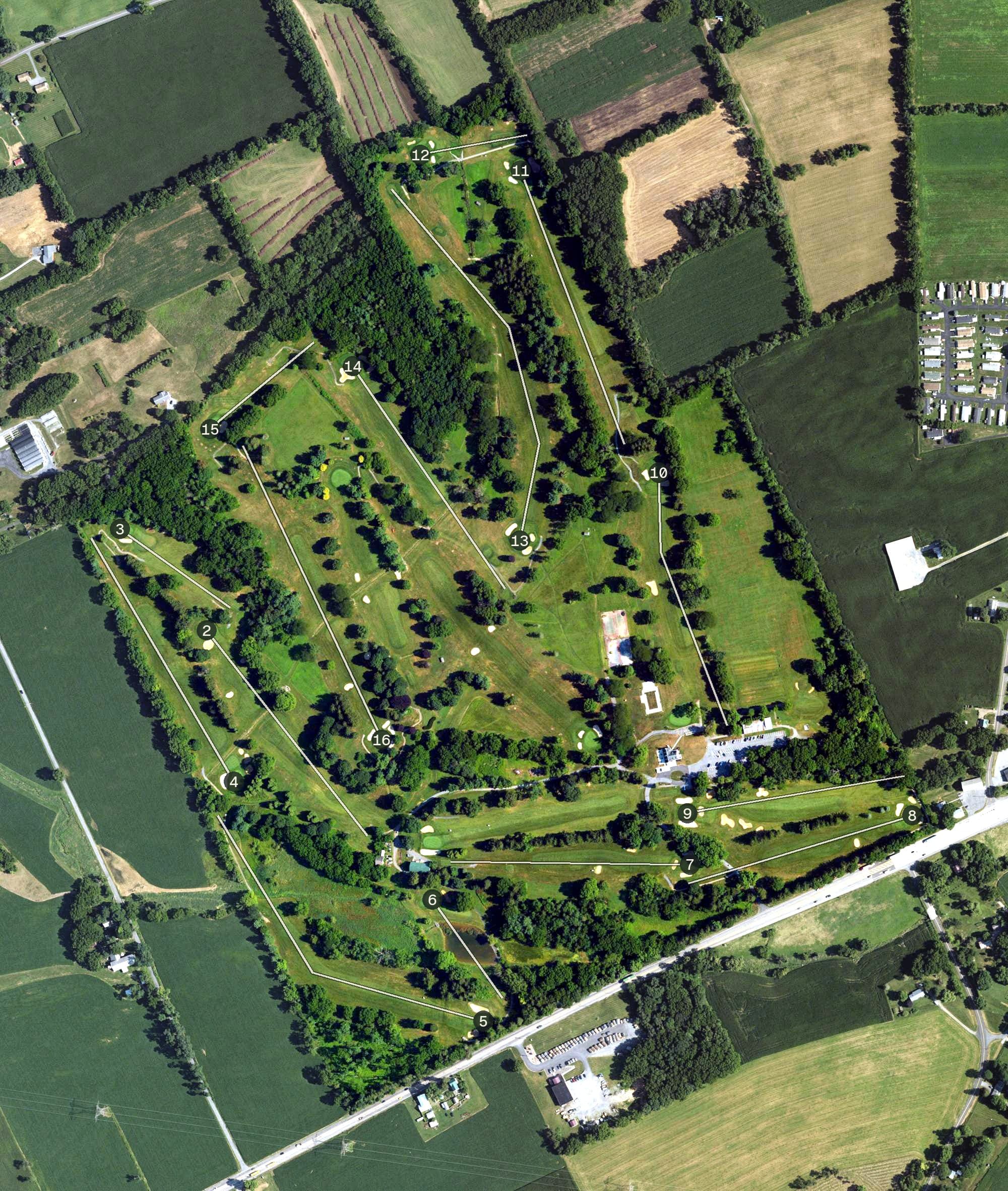 Aerial view of Berkleigh Golf Club, PA, with its hole routing marked