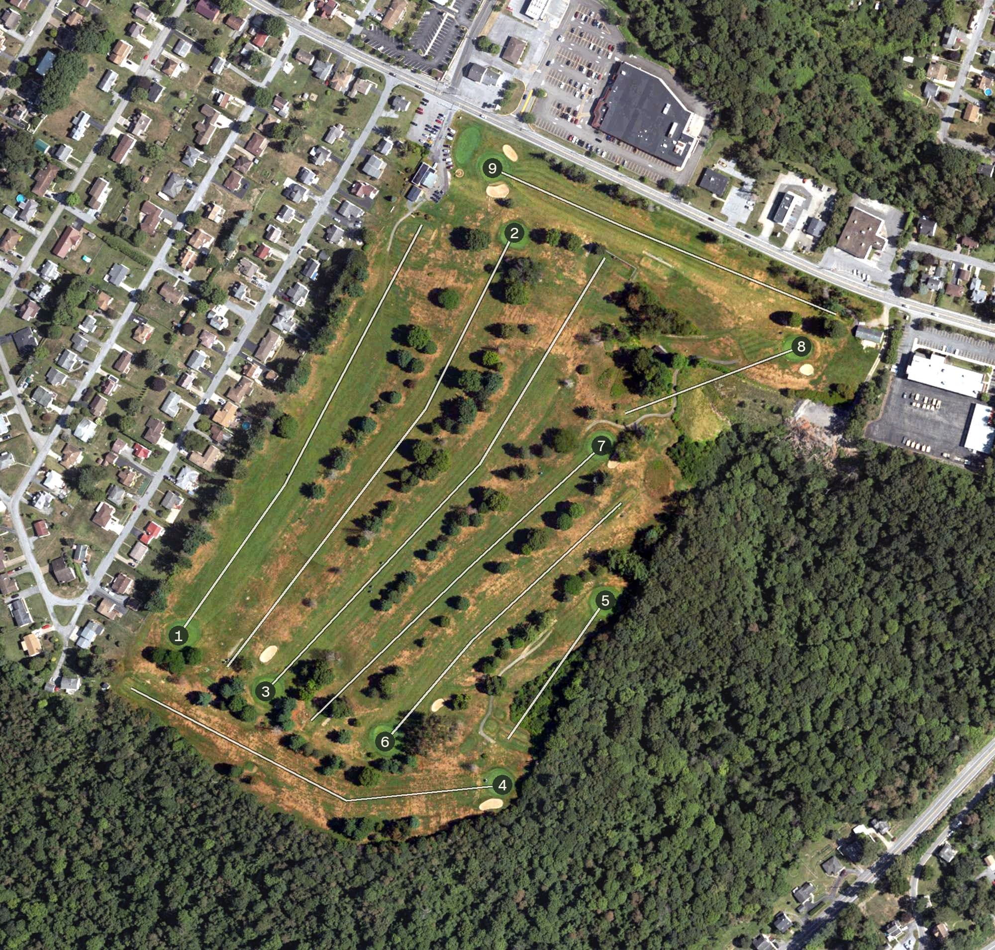 Aerial view of Berkley Hills Golf Course, PA, with its hole routing marked