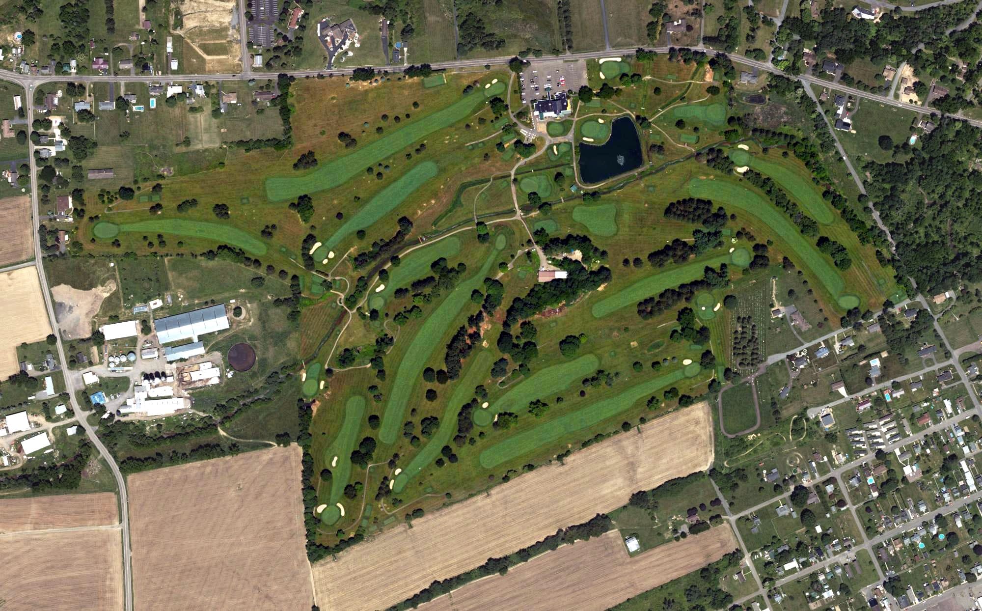 Aerial view of Berwick Golf Club, PA, with its hole routing marked
