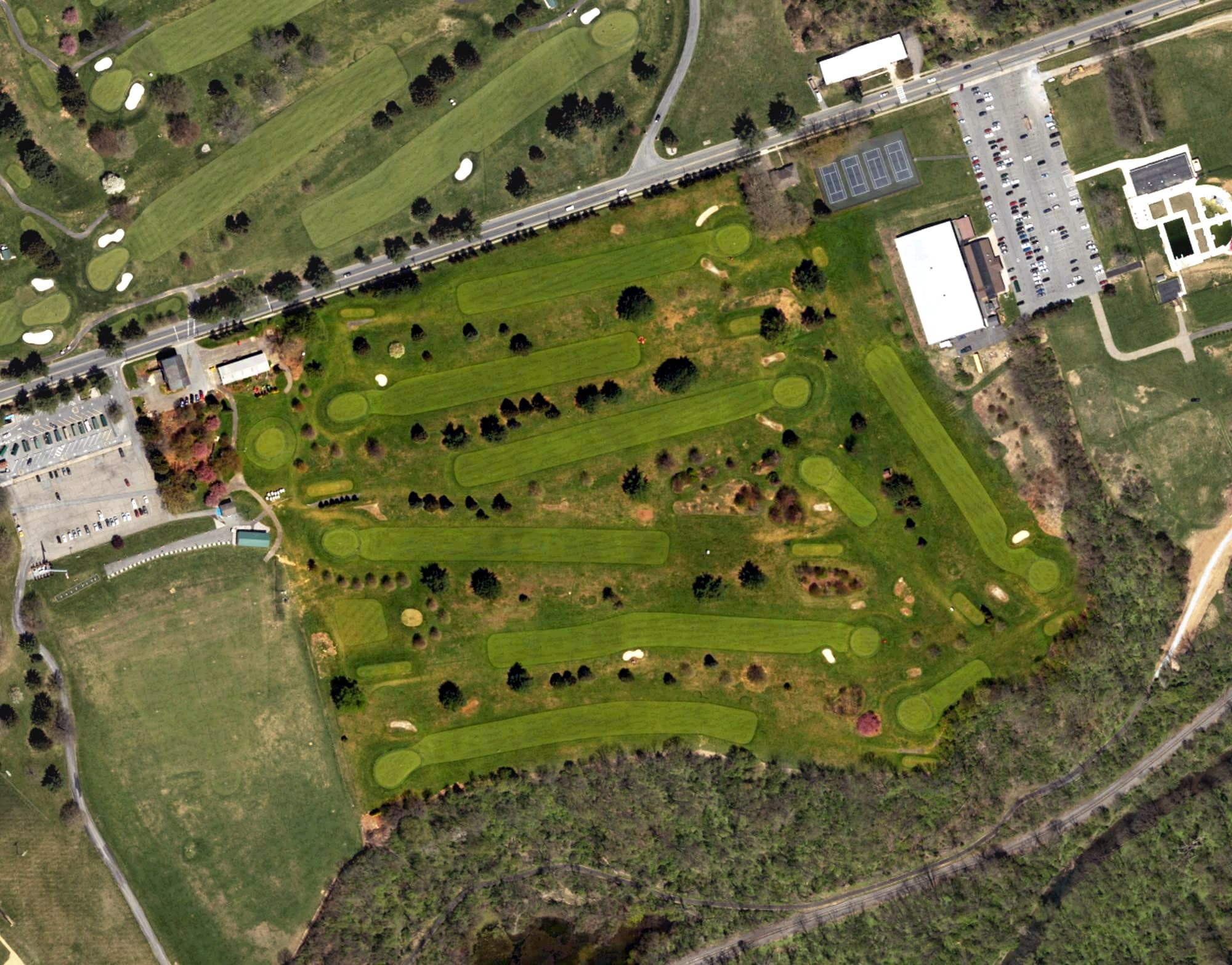 Aerial view of Bethlehem Golf Club - 9 Hole Course, PA, with its hole routing marked