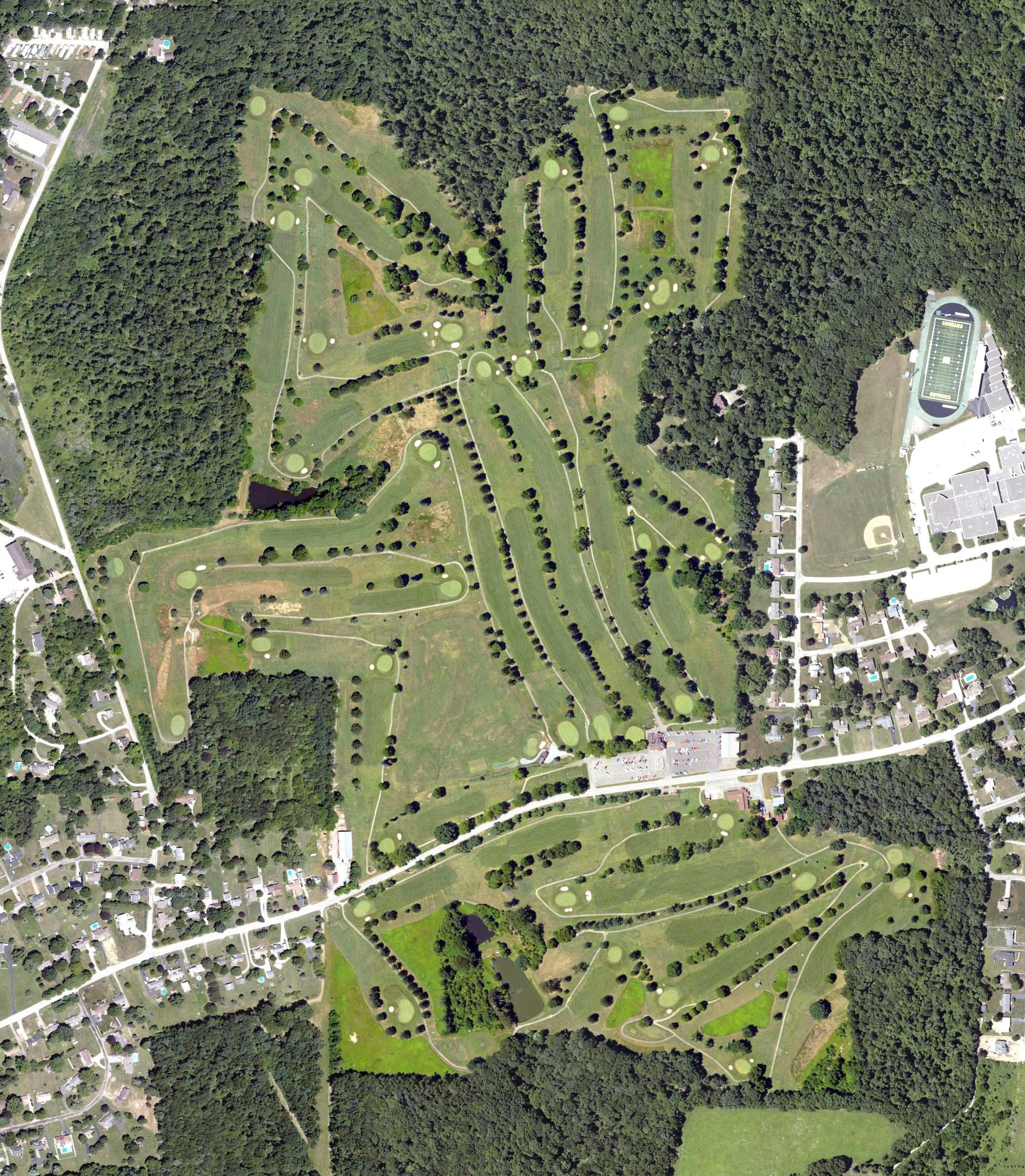 Aerial view of Black Hawk Golf Course, PA, with its hole routing marked