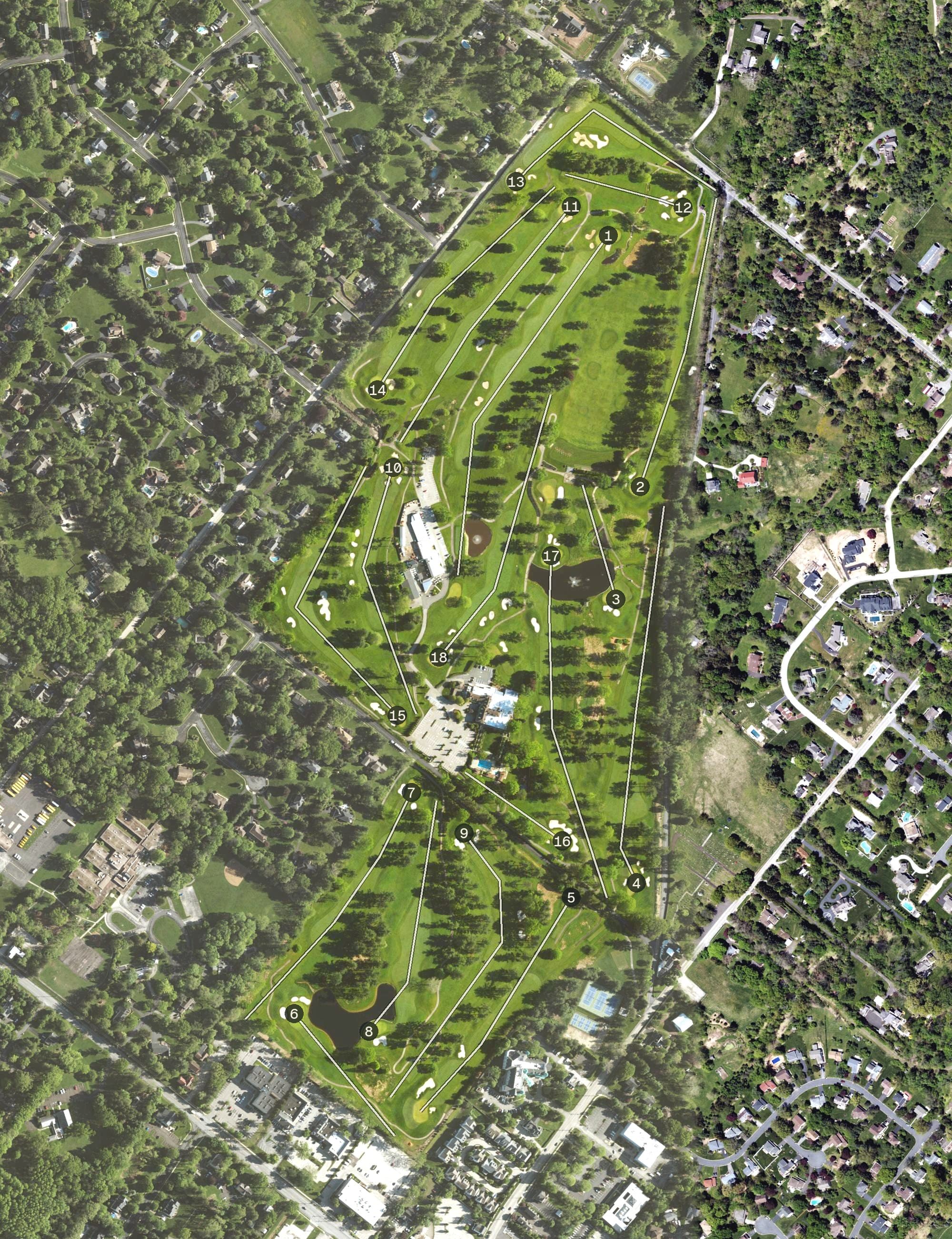 Aerial view of Bluestone Country Club, PA, with its hole routing marked