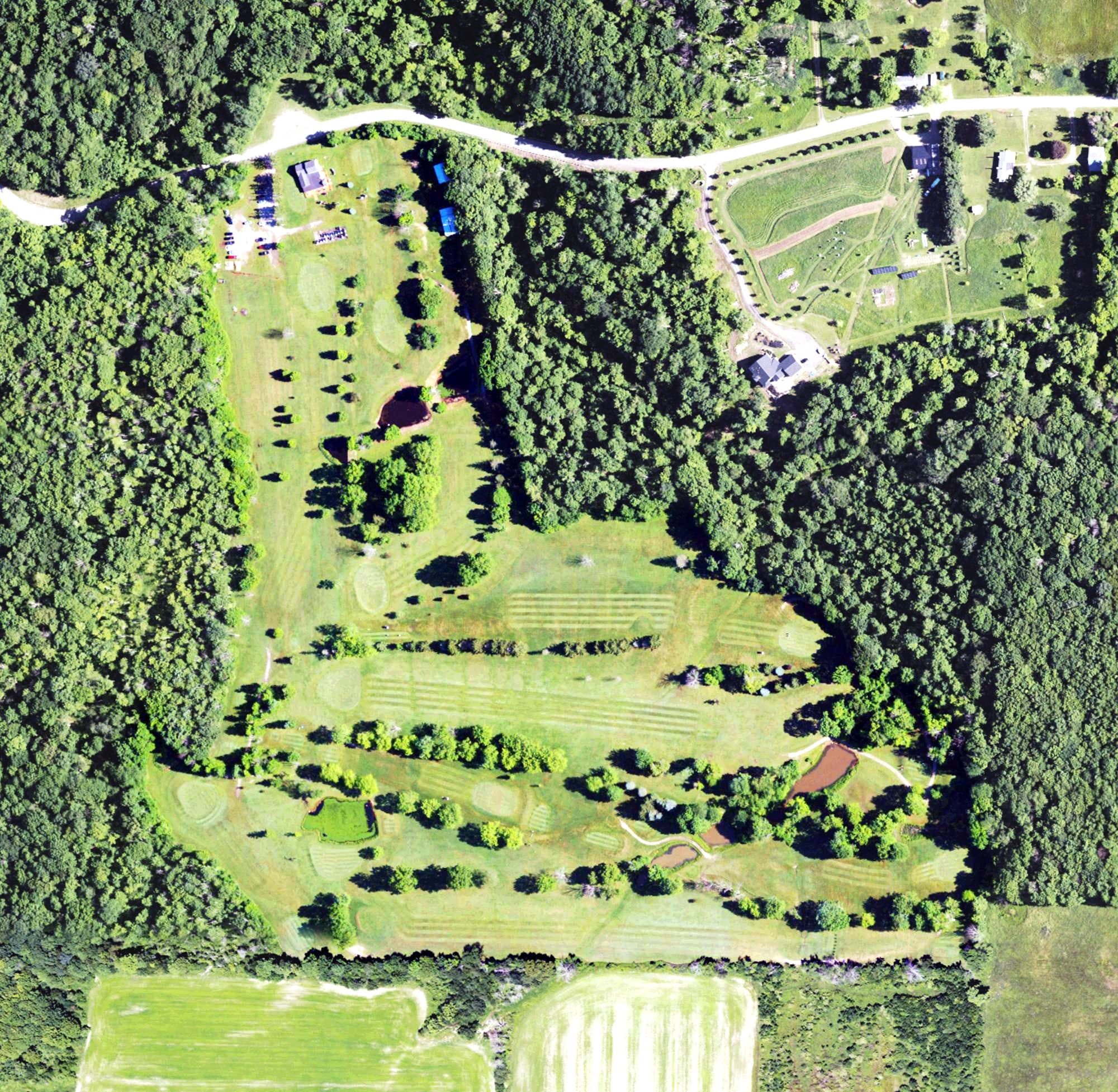 Aerial view of Brabender's Southwoods Golf Course, PA, with its hole routing marked