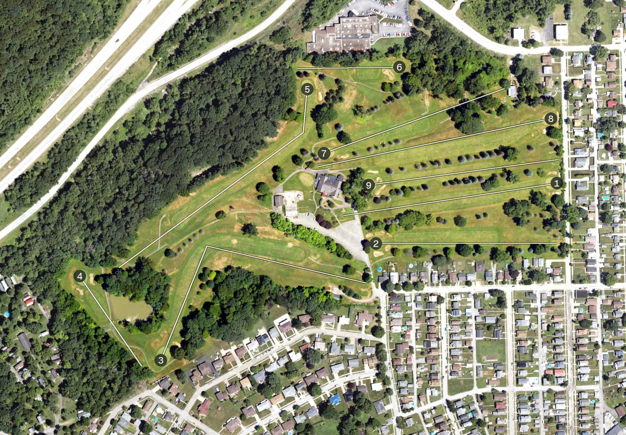 Aerial view of Brackenridge Heights Golf Course, PA, with its hole routing marked