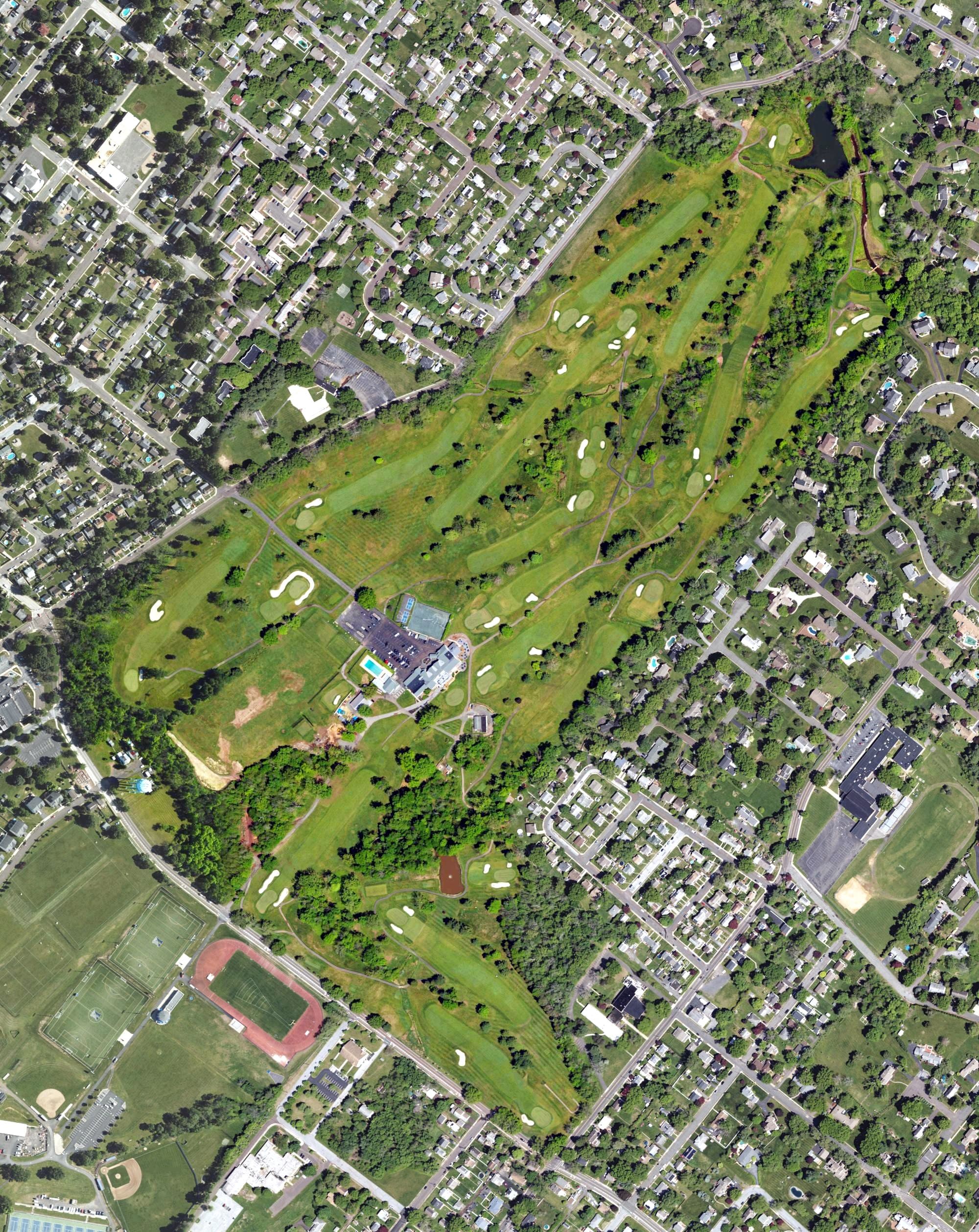 Aerial view of Brookside Country Club, PA, with its hole routing marked