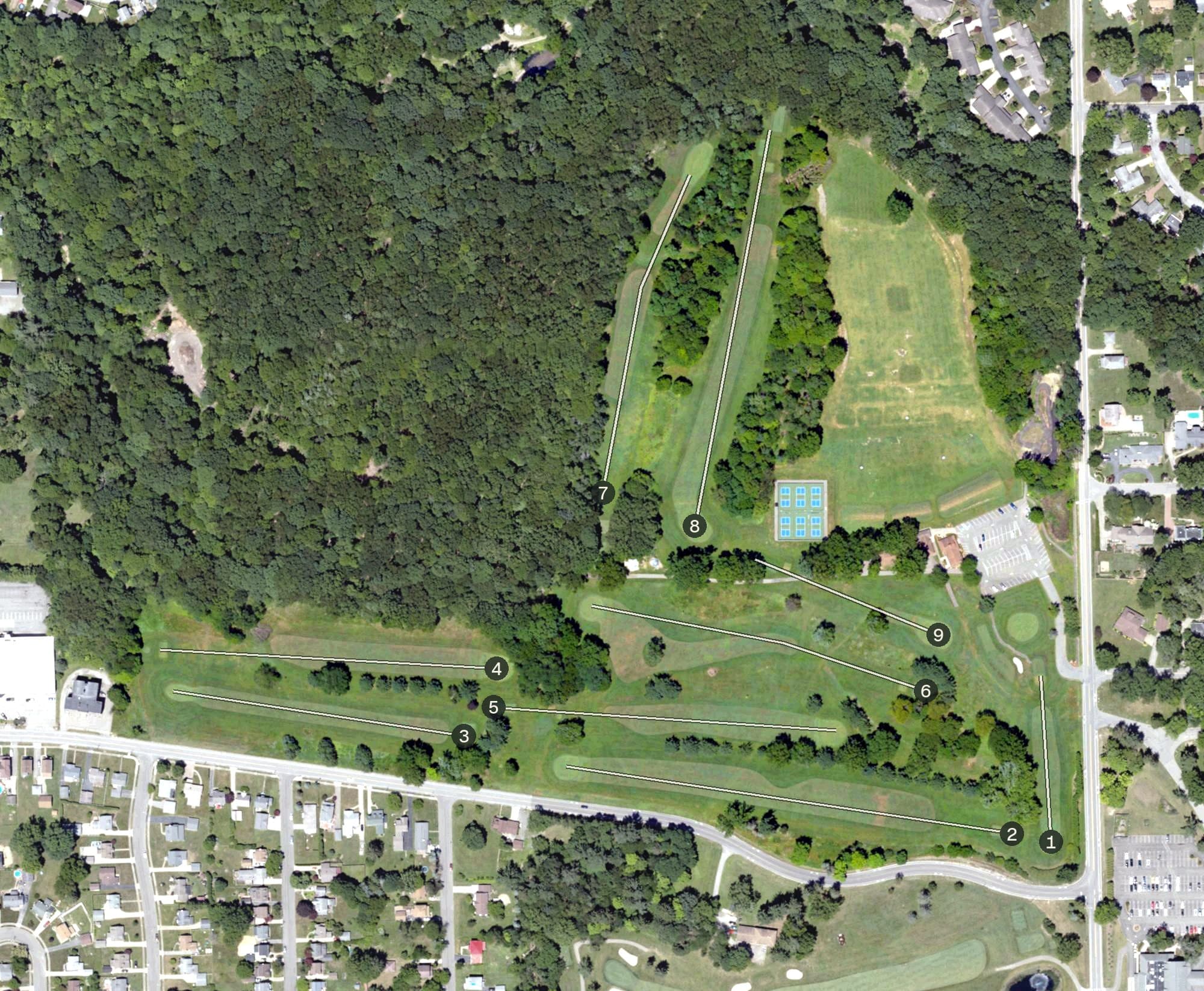 Aerial view of Buhl Farm Golf Course, PA, with its hole routing marked