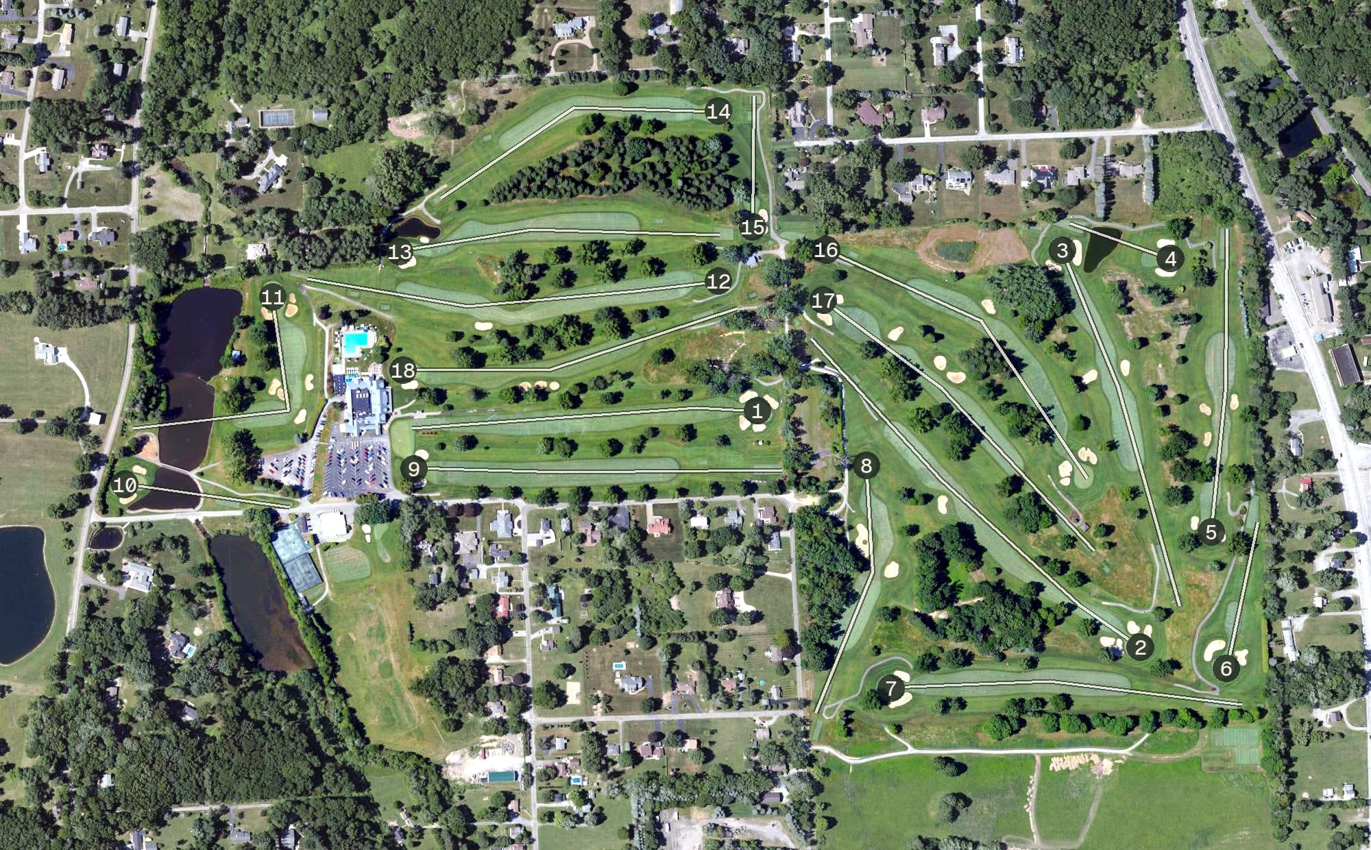 Aerial view of Butler Country Club, PA, with its hole routing marked