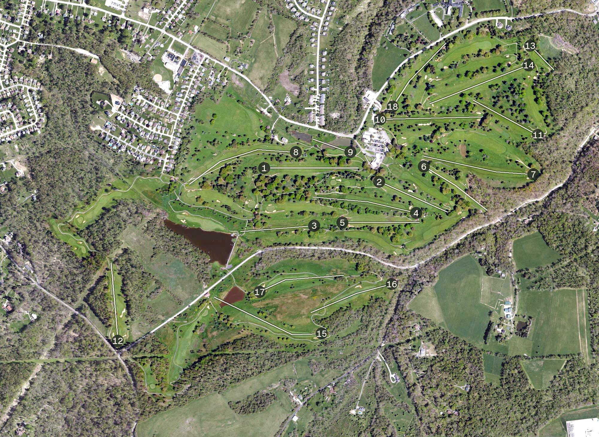 Aerial view of Butler's Golf Course, PA, with its hole routing marked