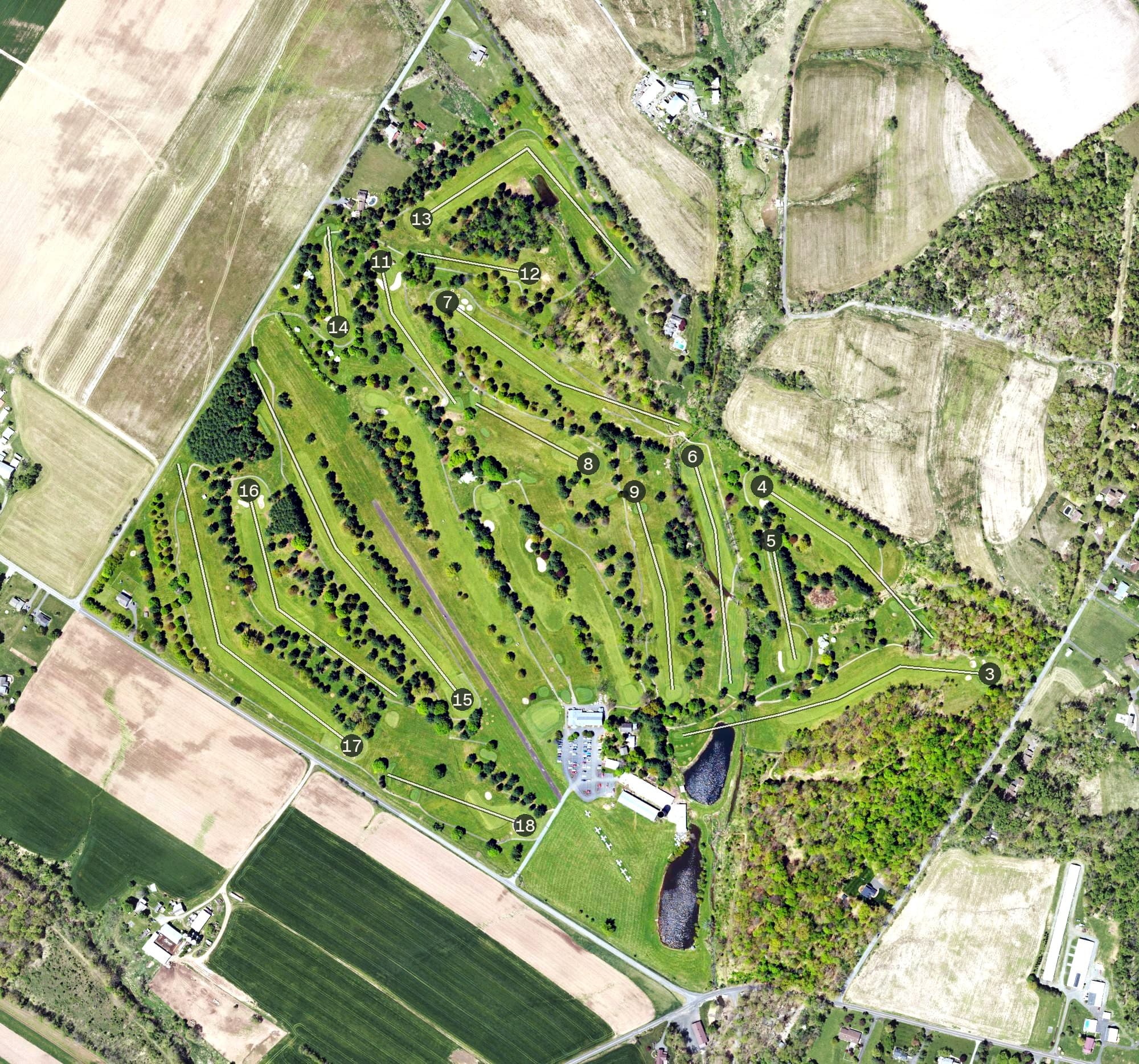 Aerial view of Butter Valley Golf Course, PA, with its hole routing marked