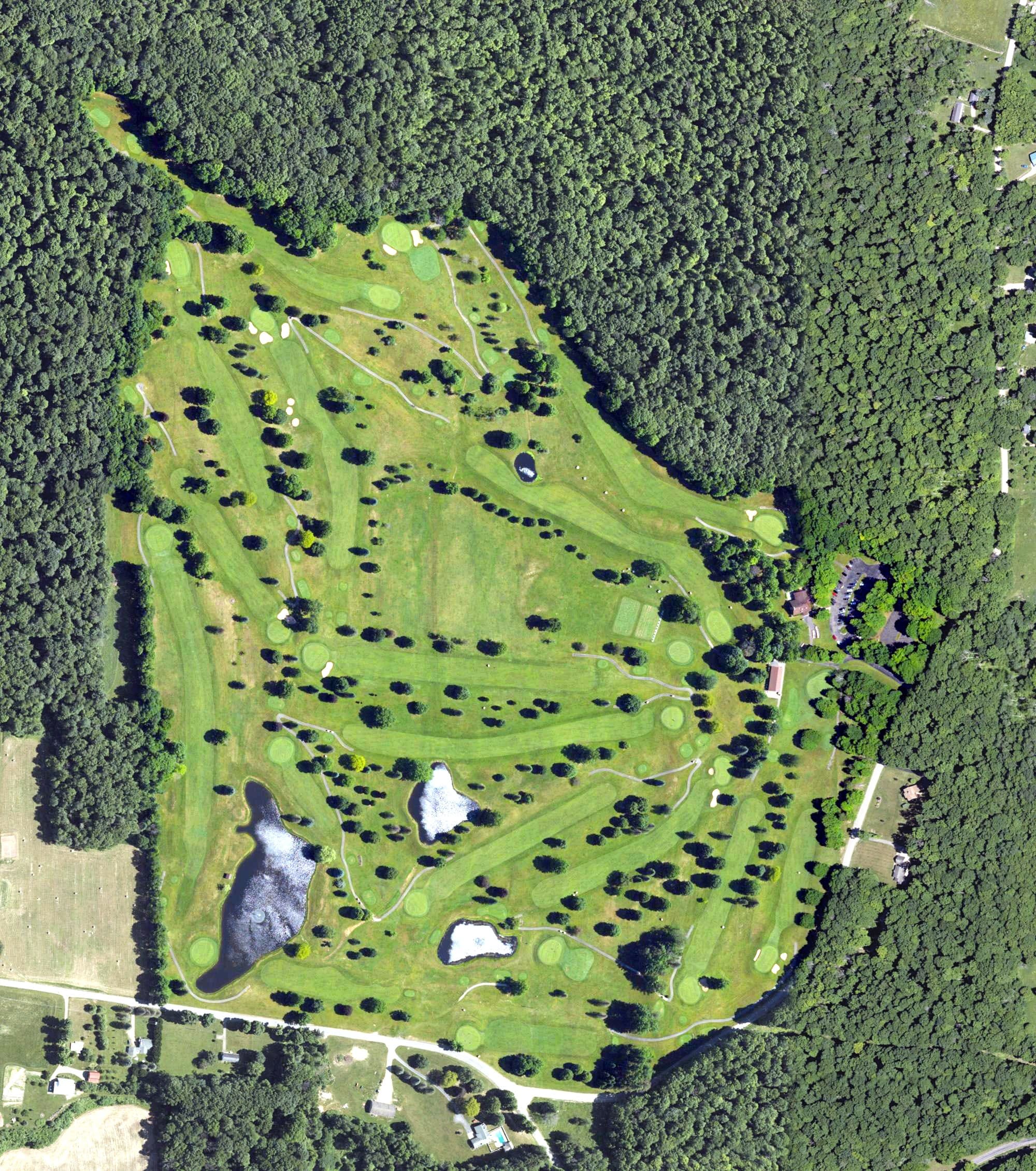 Aerial view of Cable Hollow Golf Course, PA, with its hole routing marked