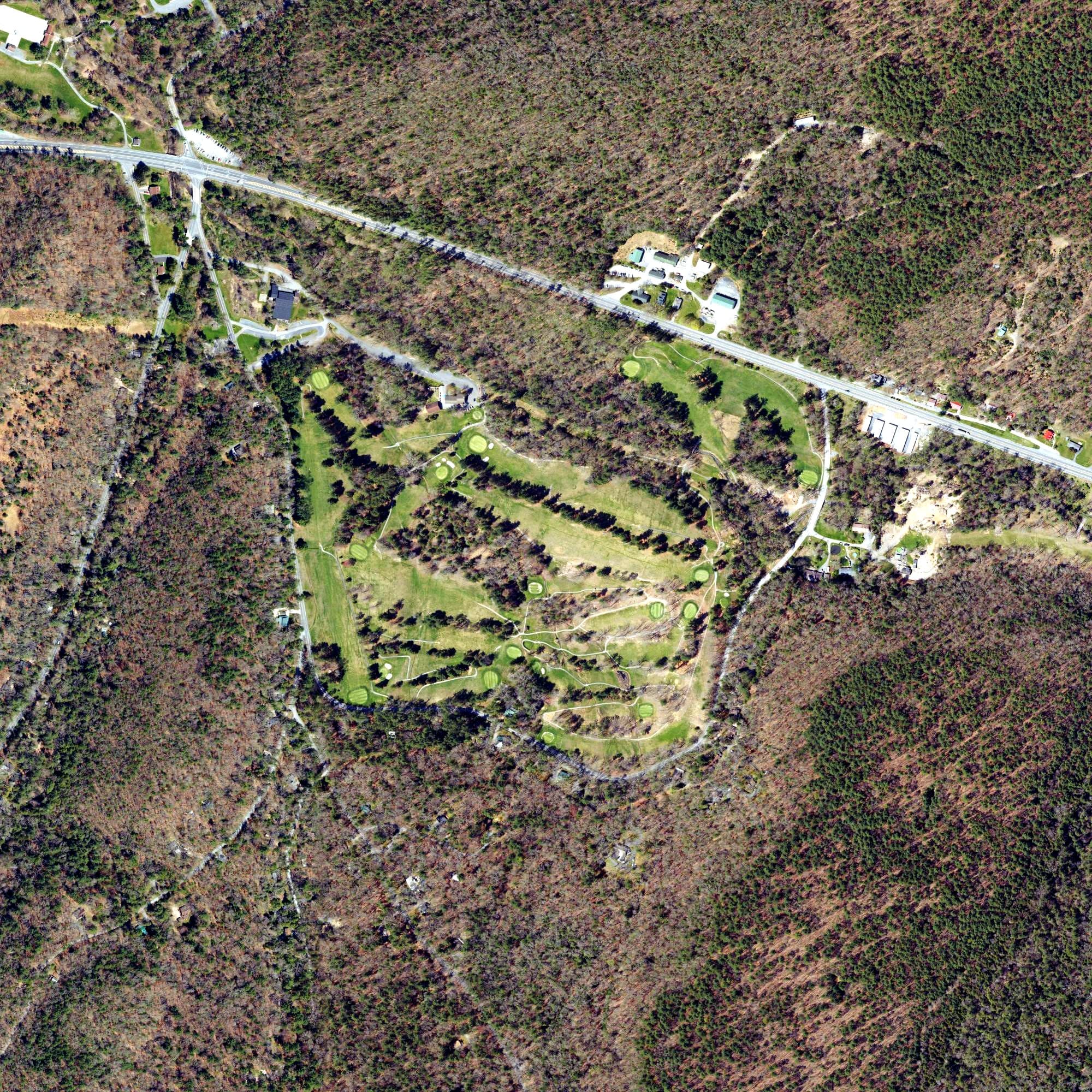 Aerial view of Caledonia Golf Club, PA, with its hole routing marked
