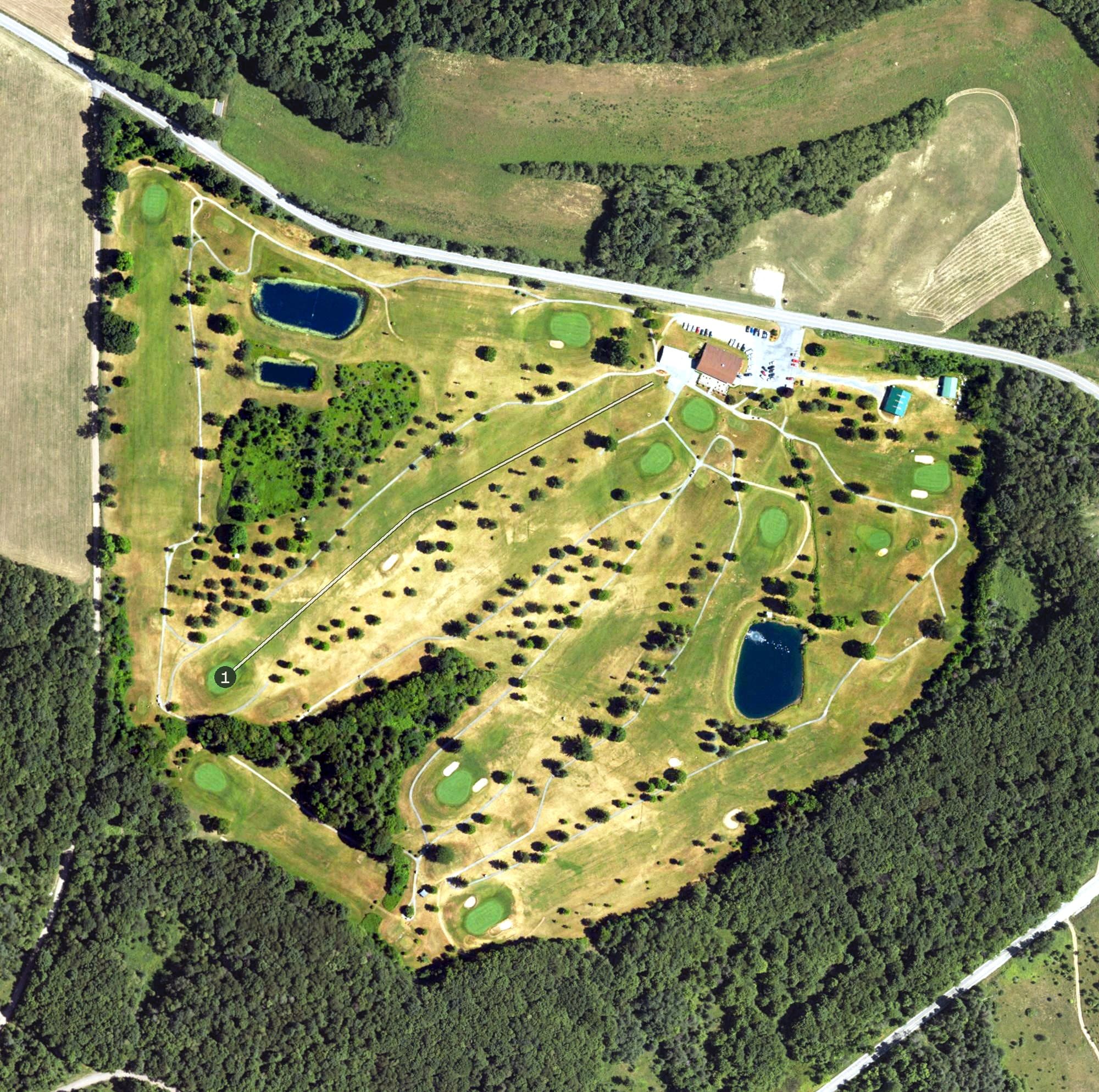 Aerial view of Cambrian Hills Golf Course, PA, with its hole routing marked