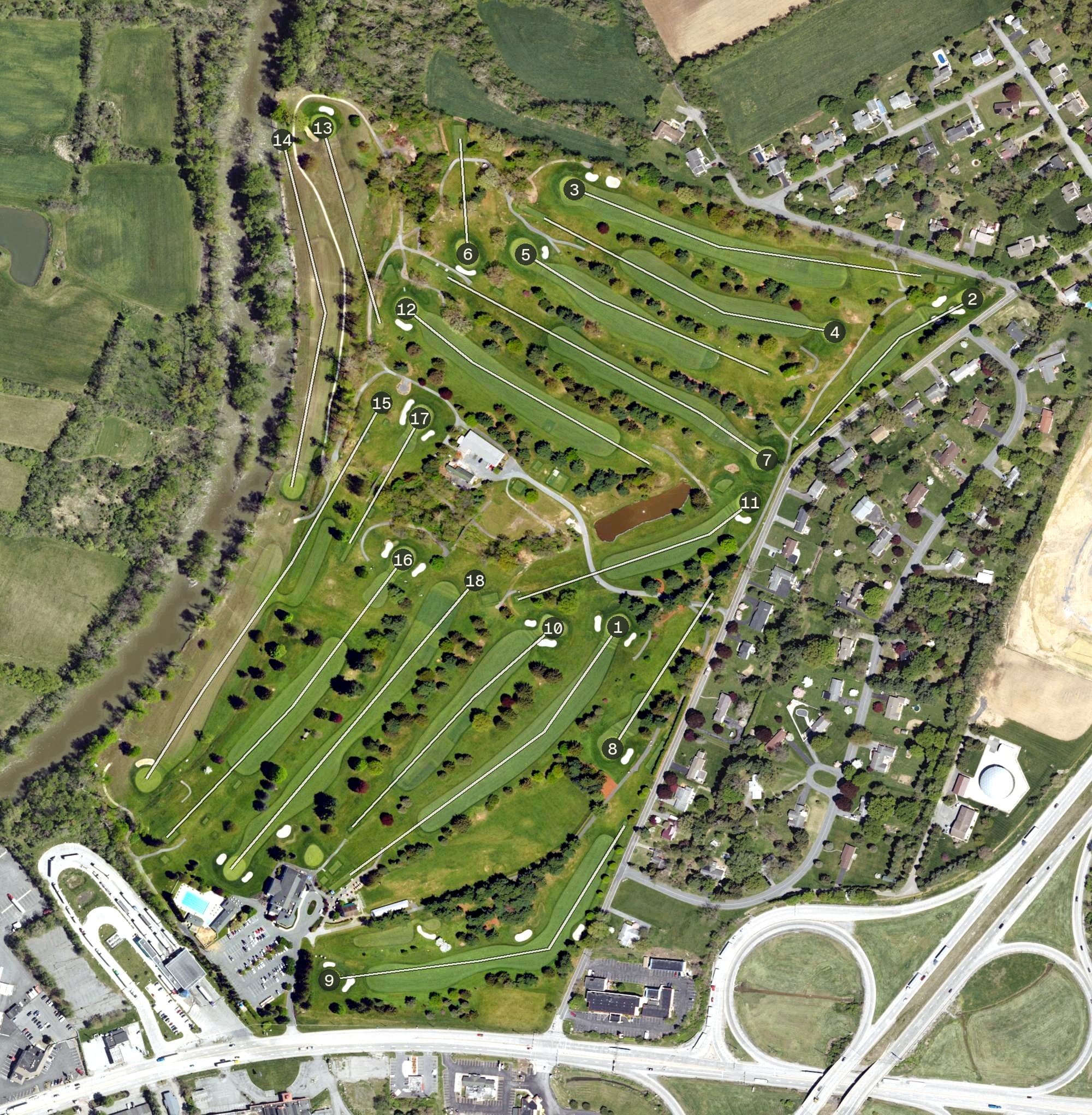Aerial view of Carlisle Country Club, PA, with its hole routing marked