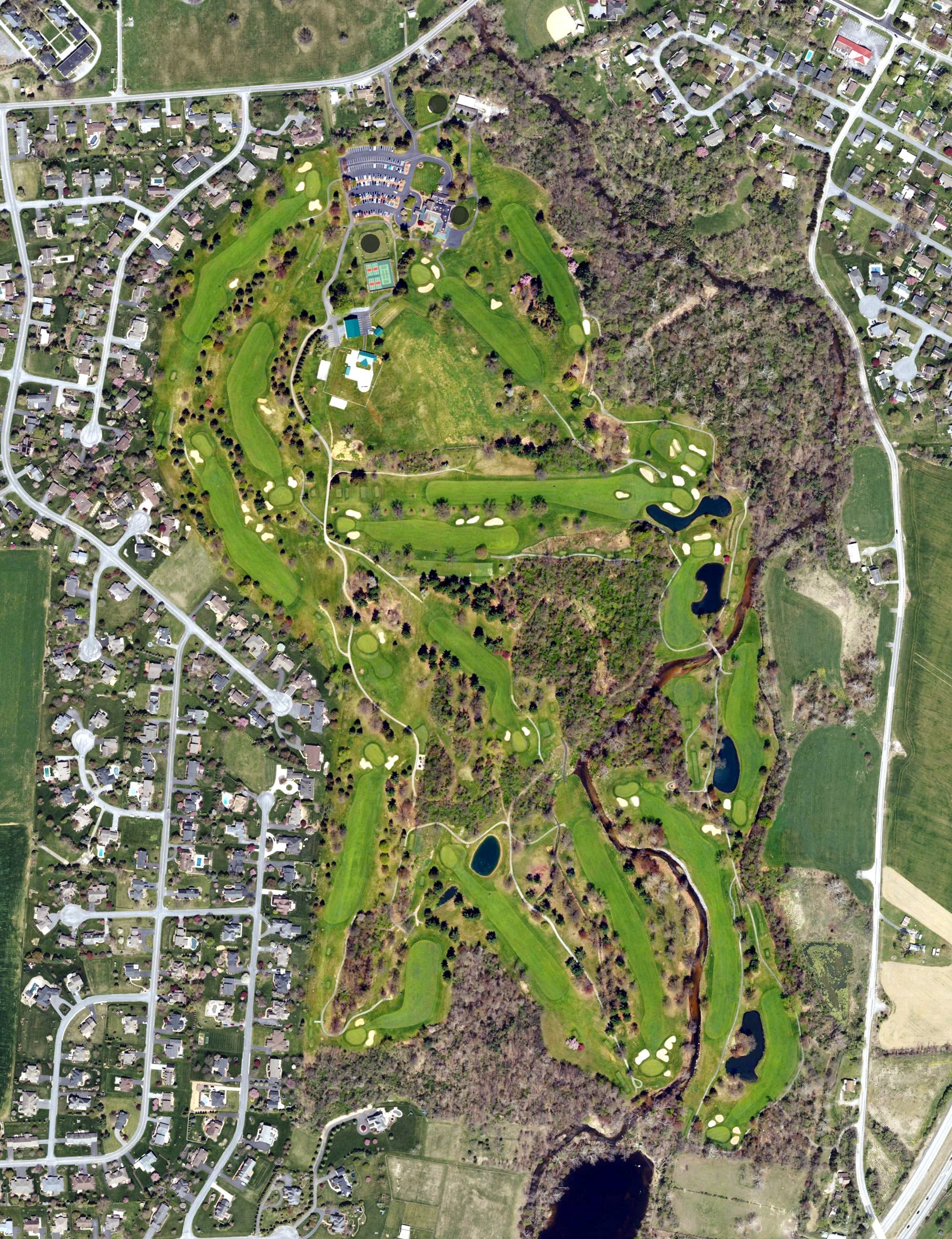 Aerial view of Chambersburg Country Club, PA, with its hole routing marked