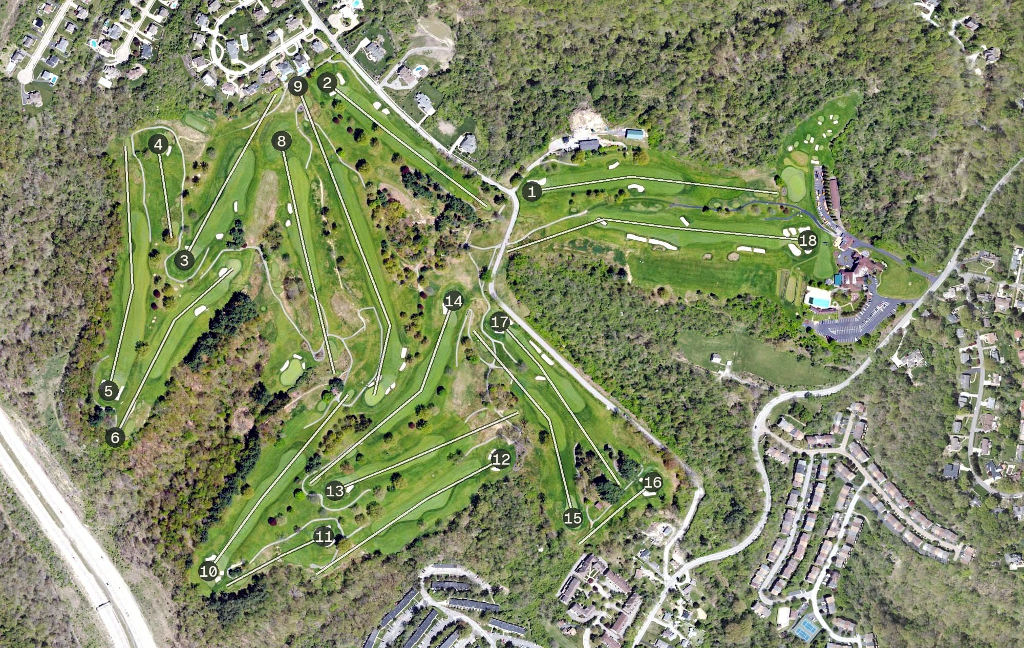 Aerial view of Chartiers Country Club, PA, with its hole routing marked