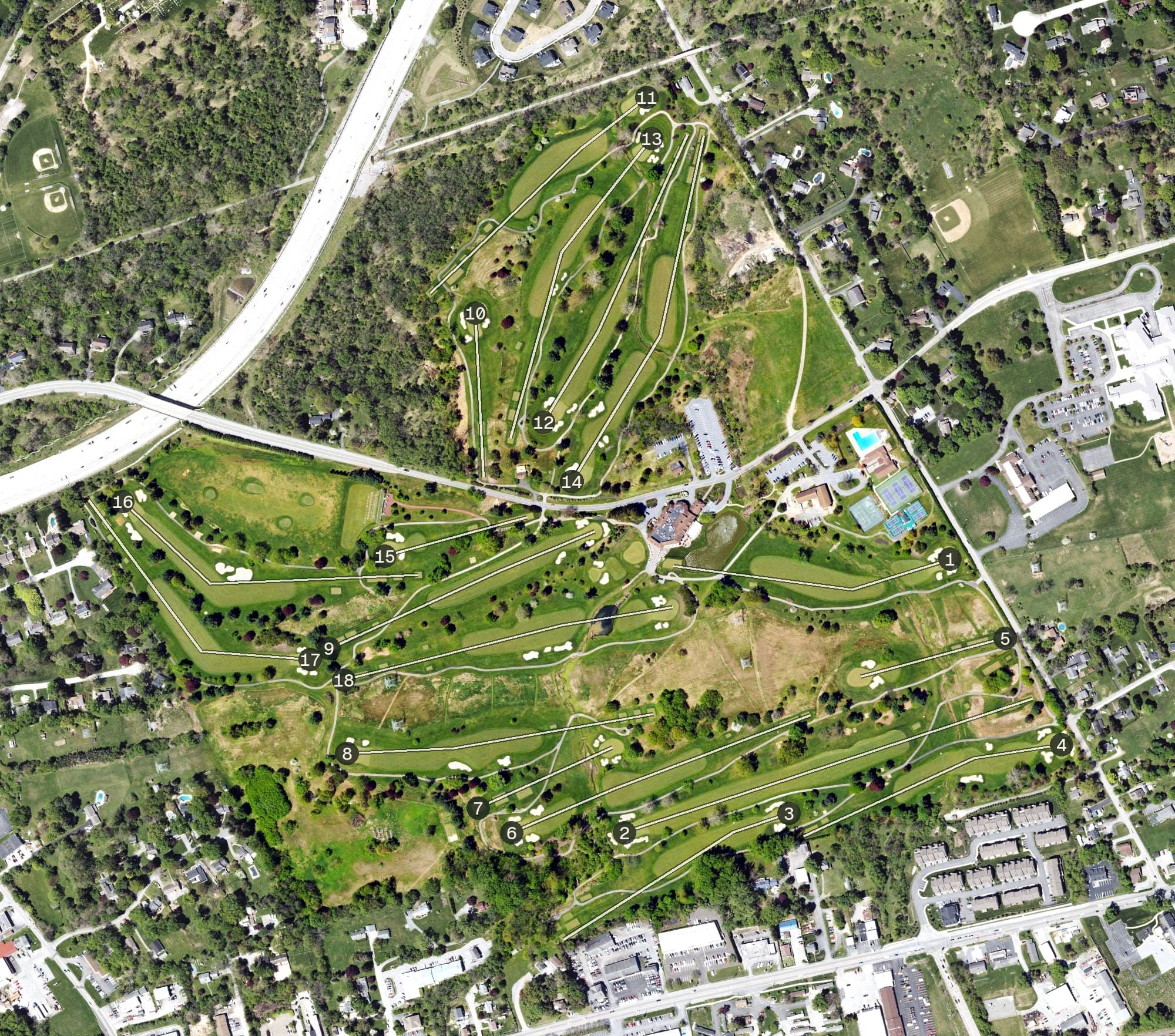Aerial view of Chester Valley Golf Club, PA, with its hole routing marked