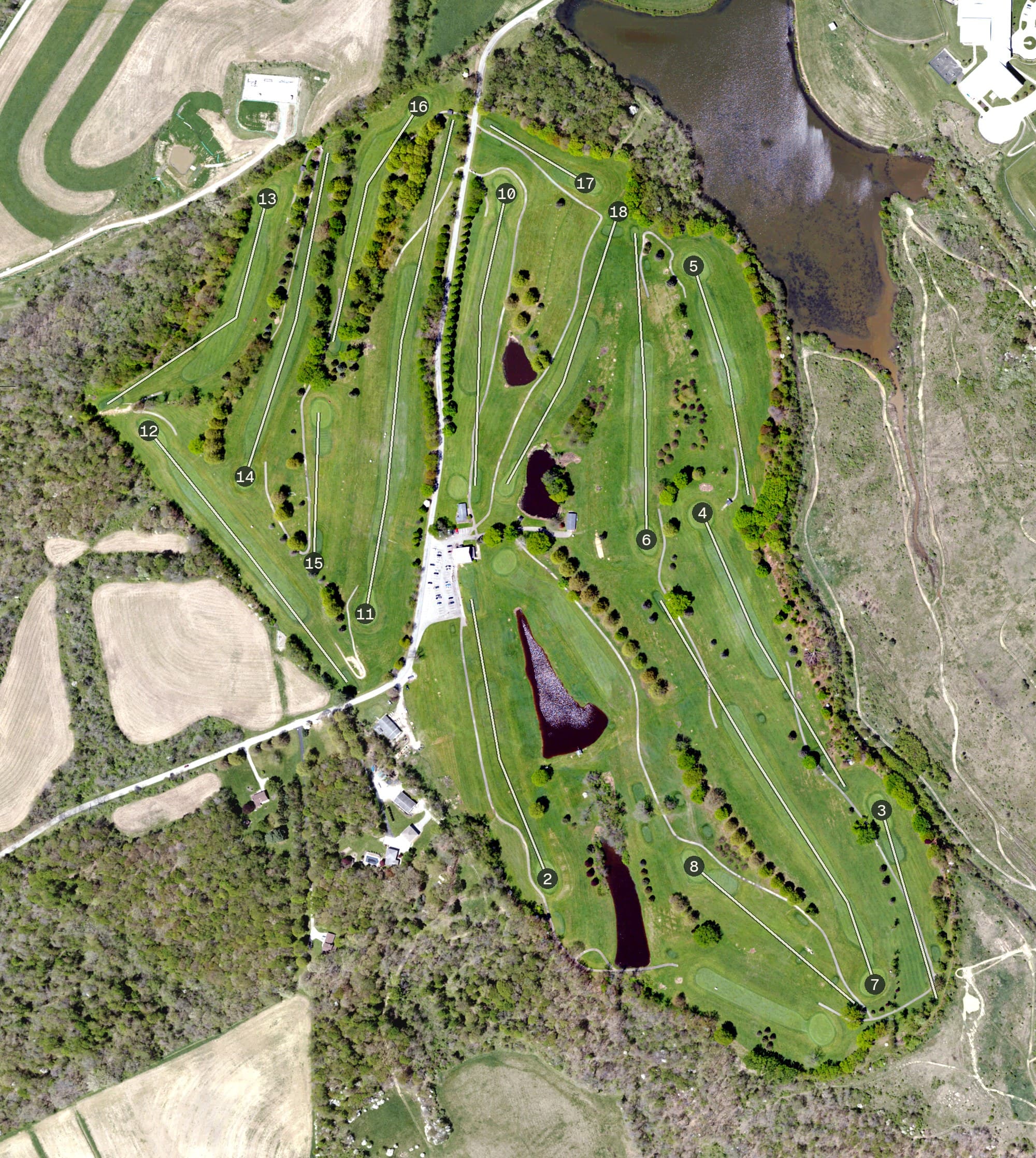 Aerial view of Chippewa Golf Club, PA, with its hole routing marked