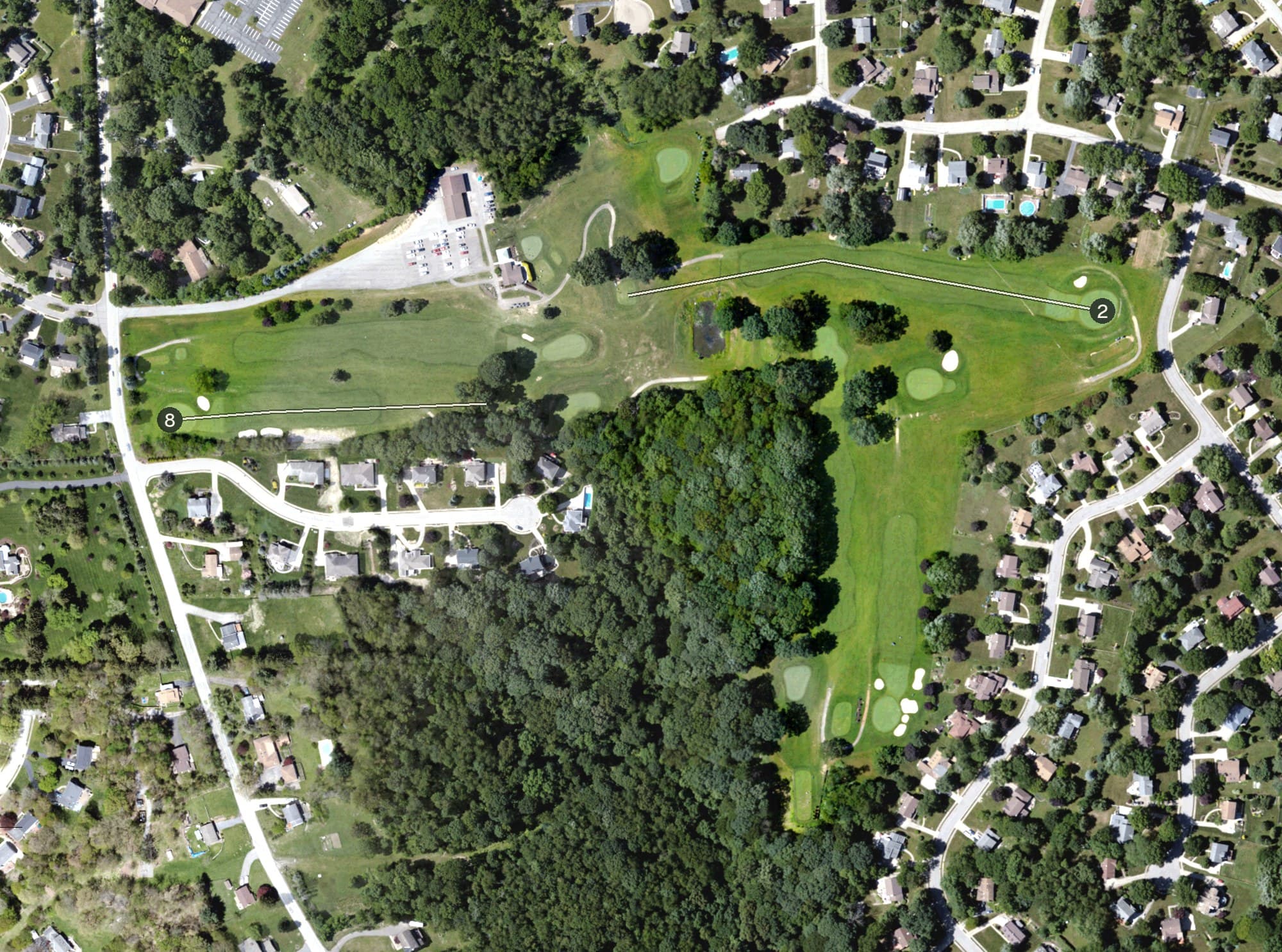 Aerial view of Clover Hill Golf Course, PA, with its hole routing marked