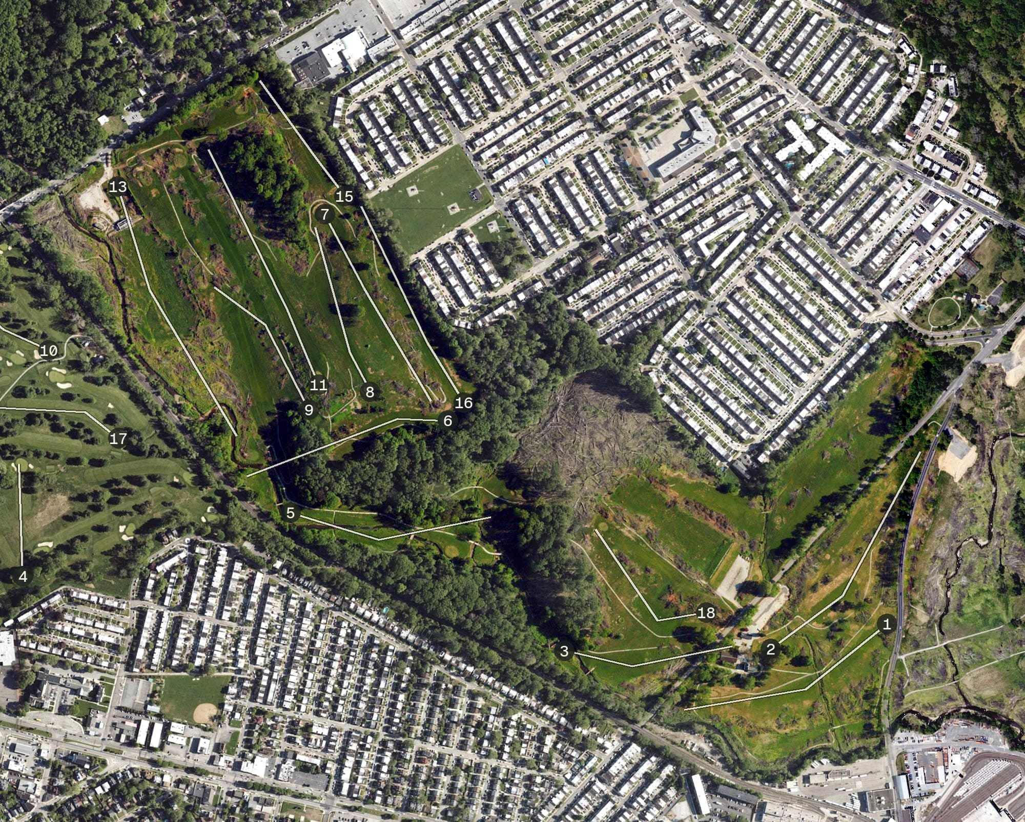Aerial view of Cobbs Creek Golf Course Olde, PA, with its hole routing marked