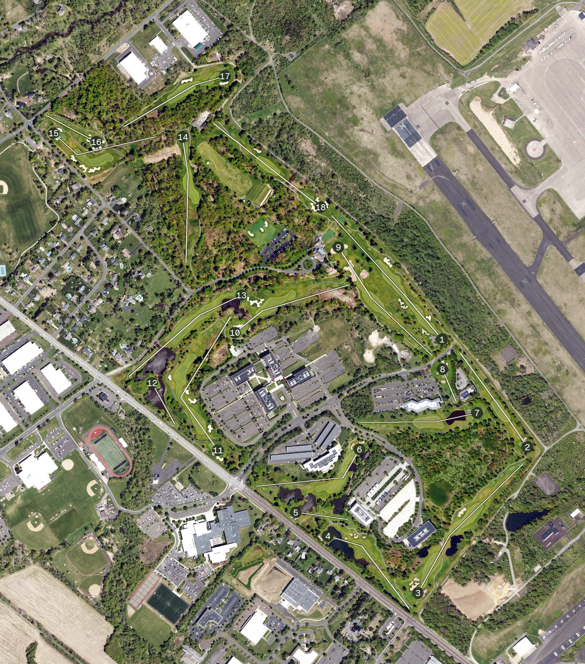 Aerial view of Commonwealth National Golf Club, PA, with its hole routing marked