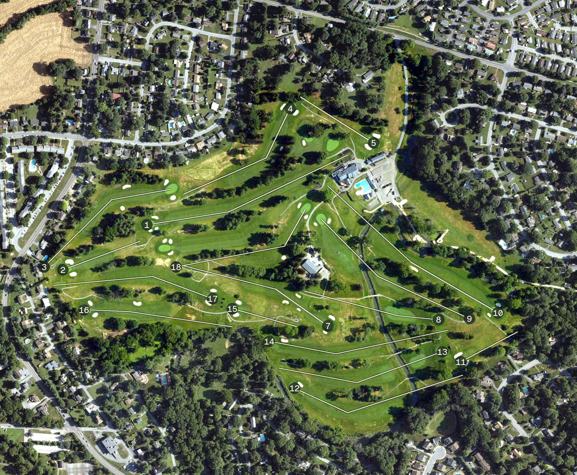 Aerial view of Conestoga Country Club, PA, with its hole routing marked