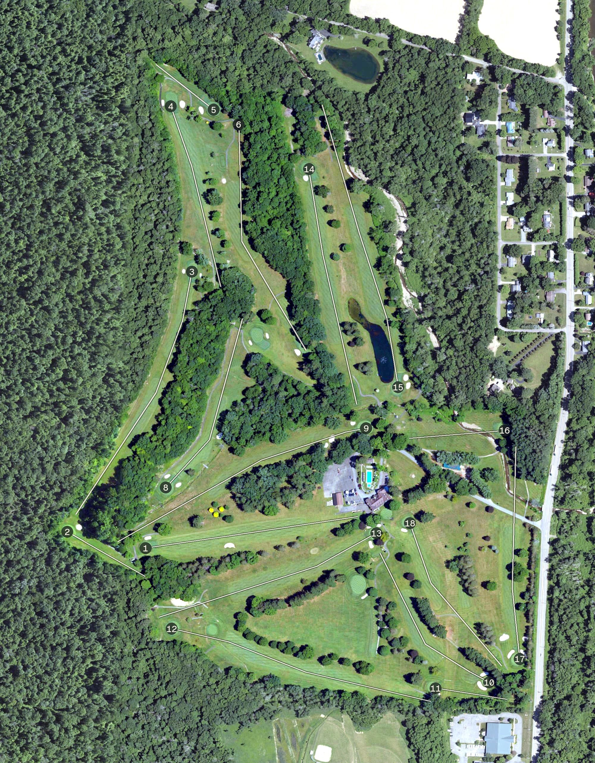 Aerial view of Conewango Valley Country Club, PA, with its hole routing marked