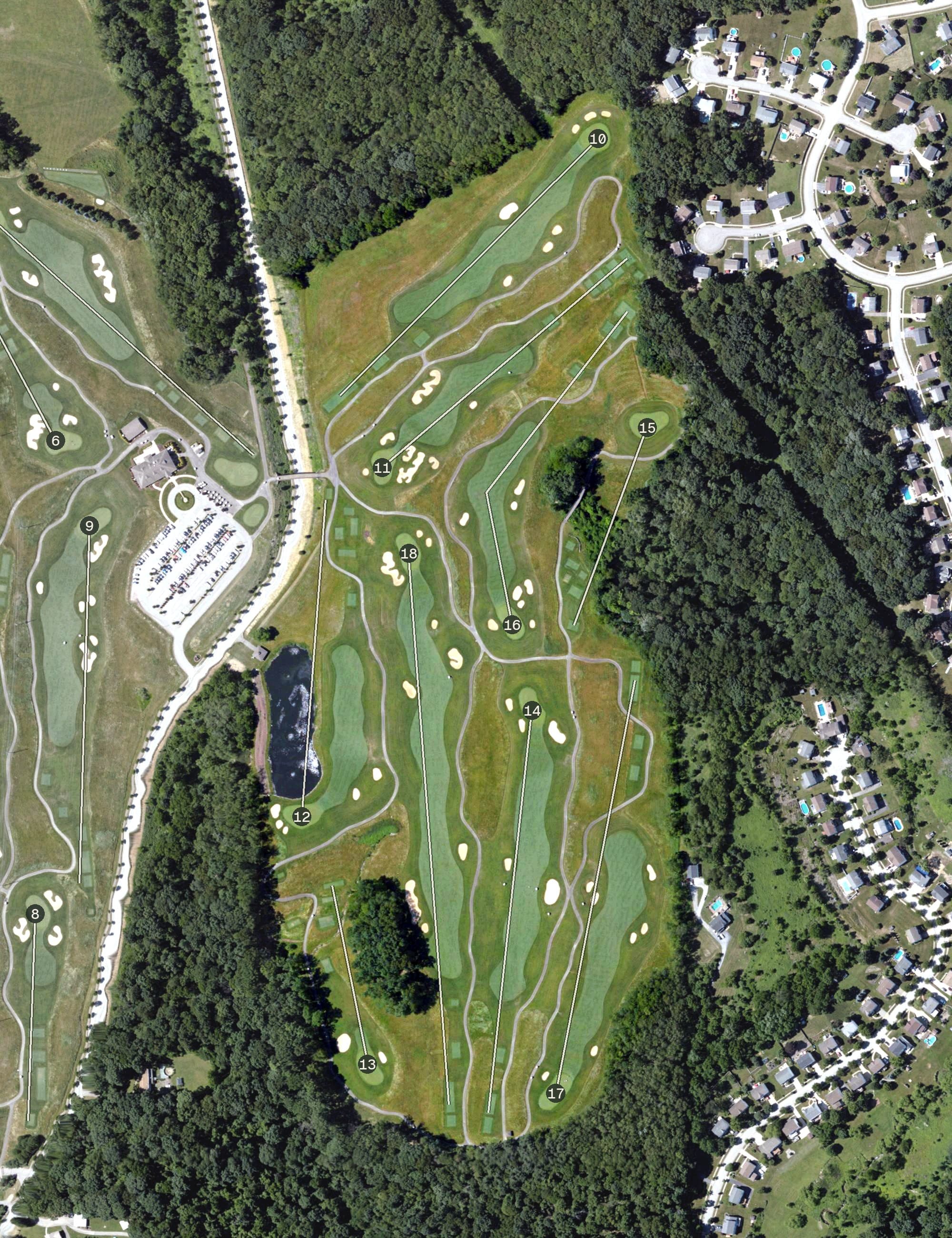Aerial view of Cranberry Highlands Golf Course, PA, with its hole routing marked