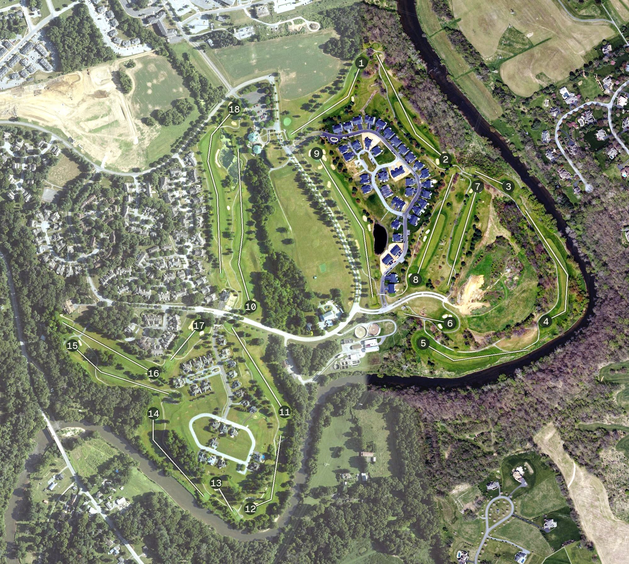 Aerial view of Crossgates Golf Club, PA, with its hole routing marked