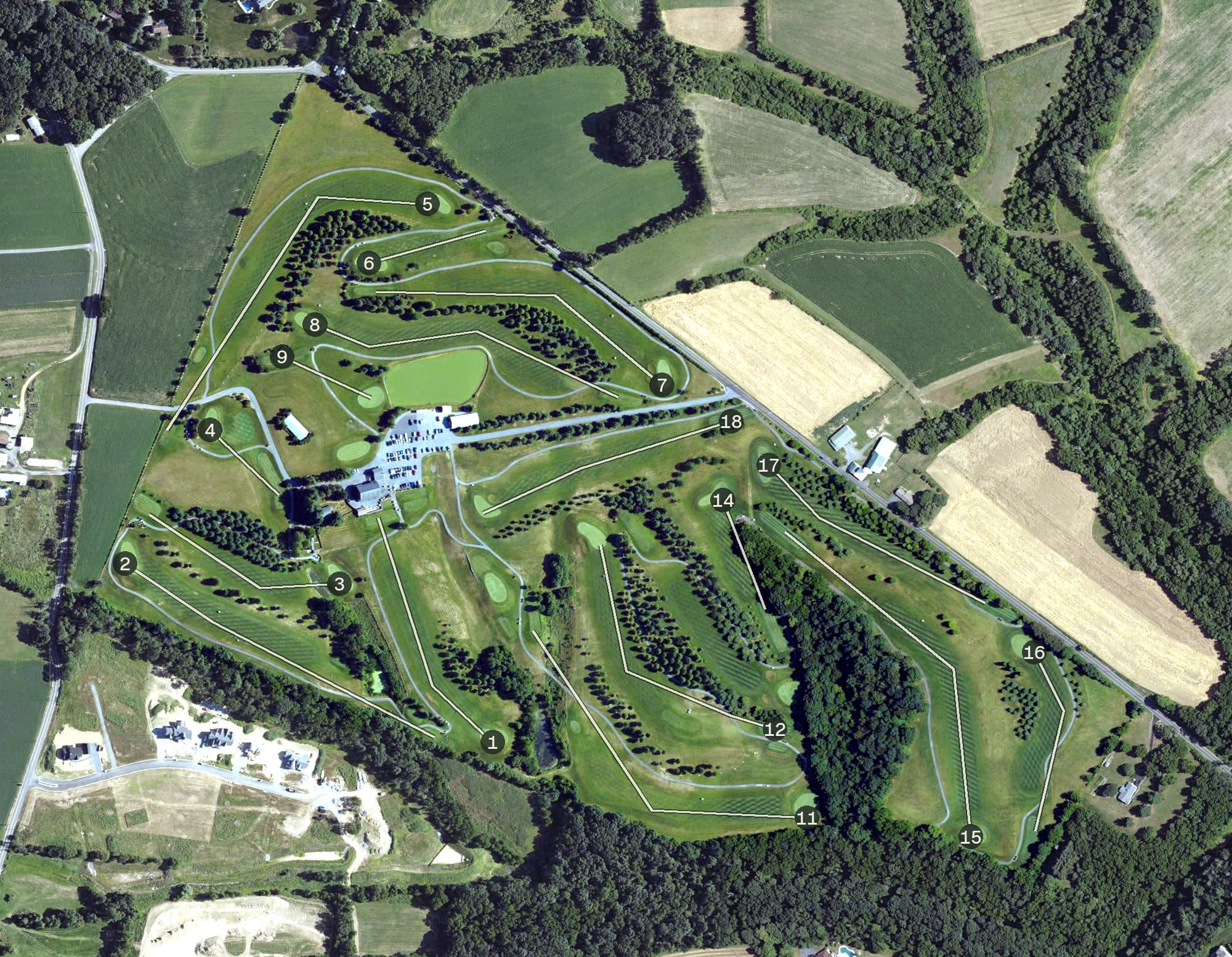 Aerial view of Deer Valley Golf Course, PA, with its hole routing marked