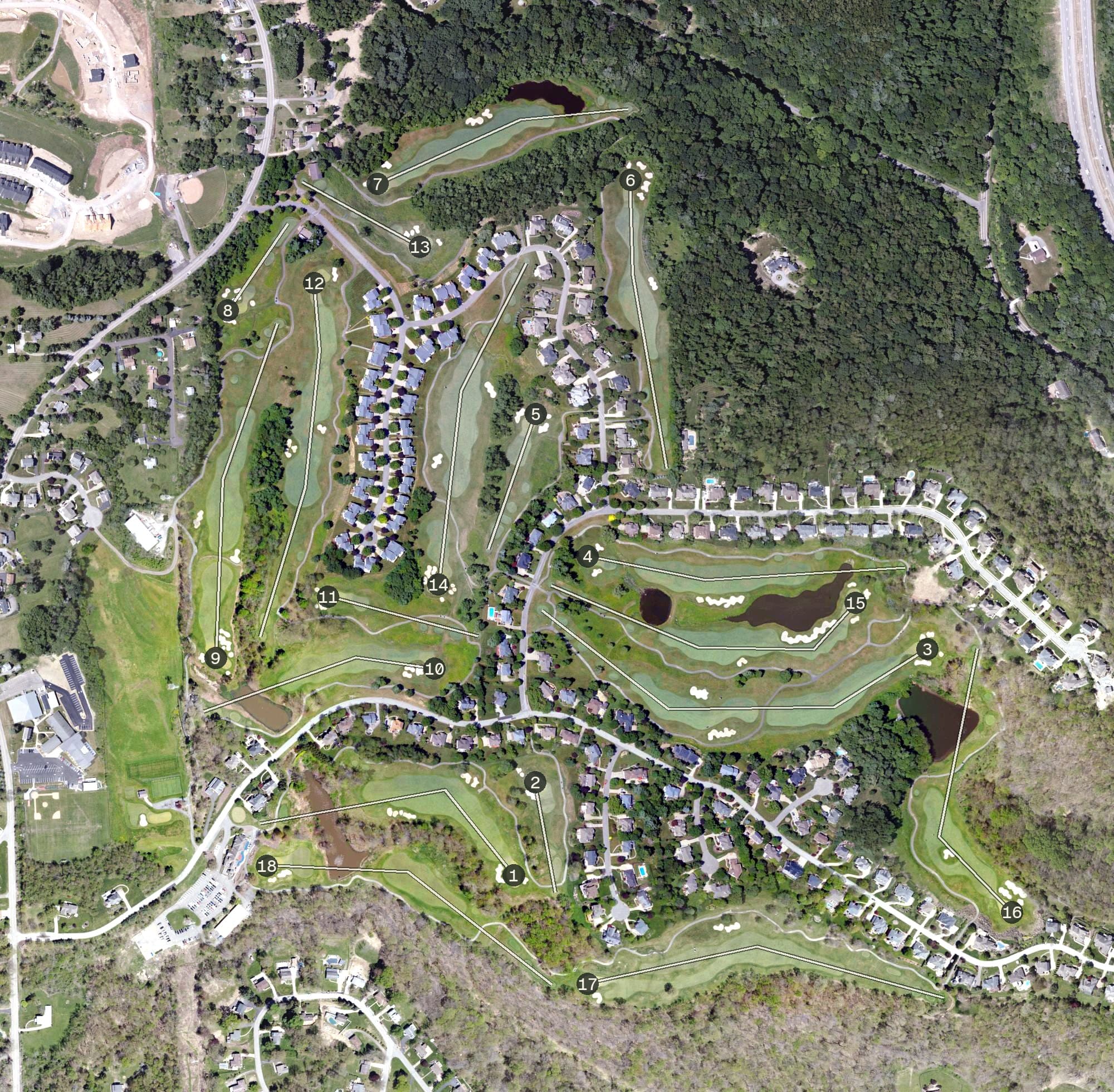 Aerial view of Diamond Run Golf Club, PA, with its hole routing marked