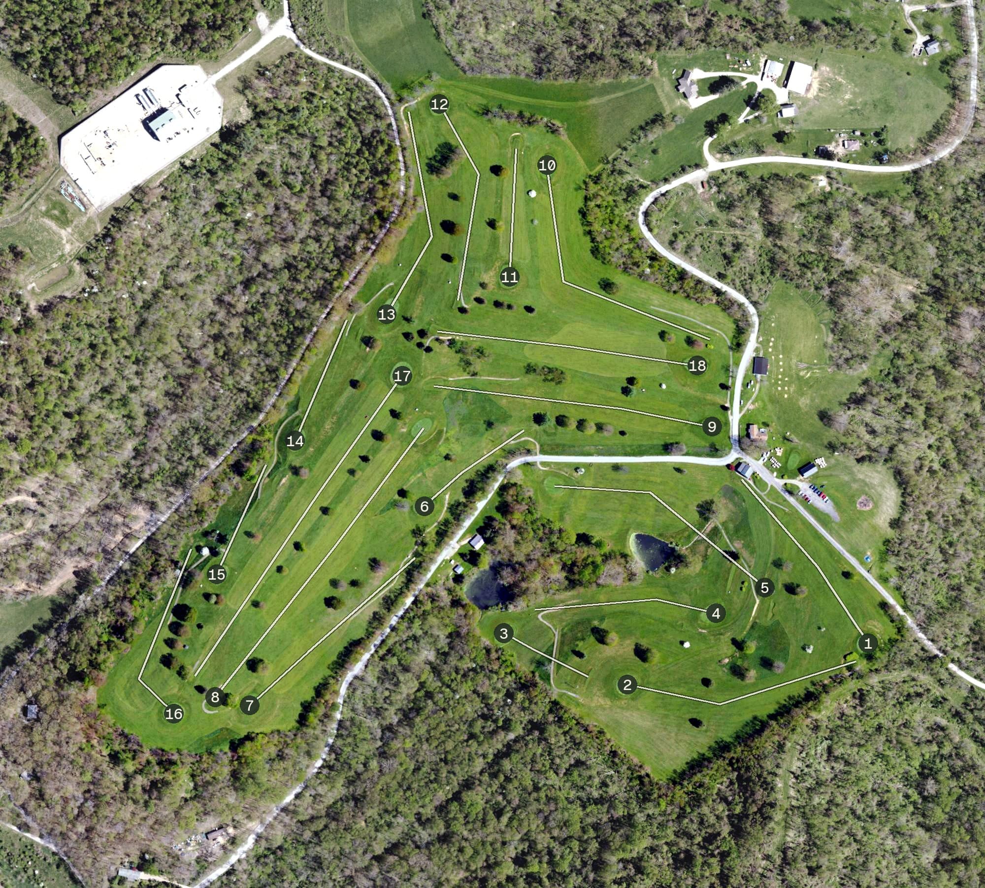 Aerial view of Dogwood Hills Golf Course, PA, with its hole routing marked