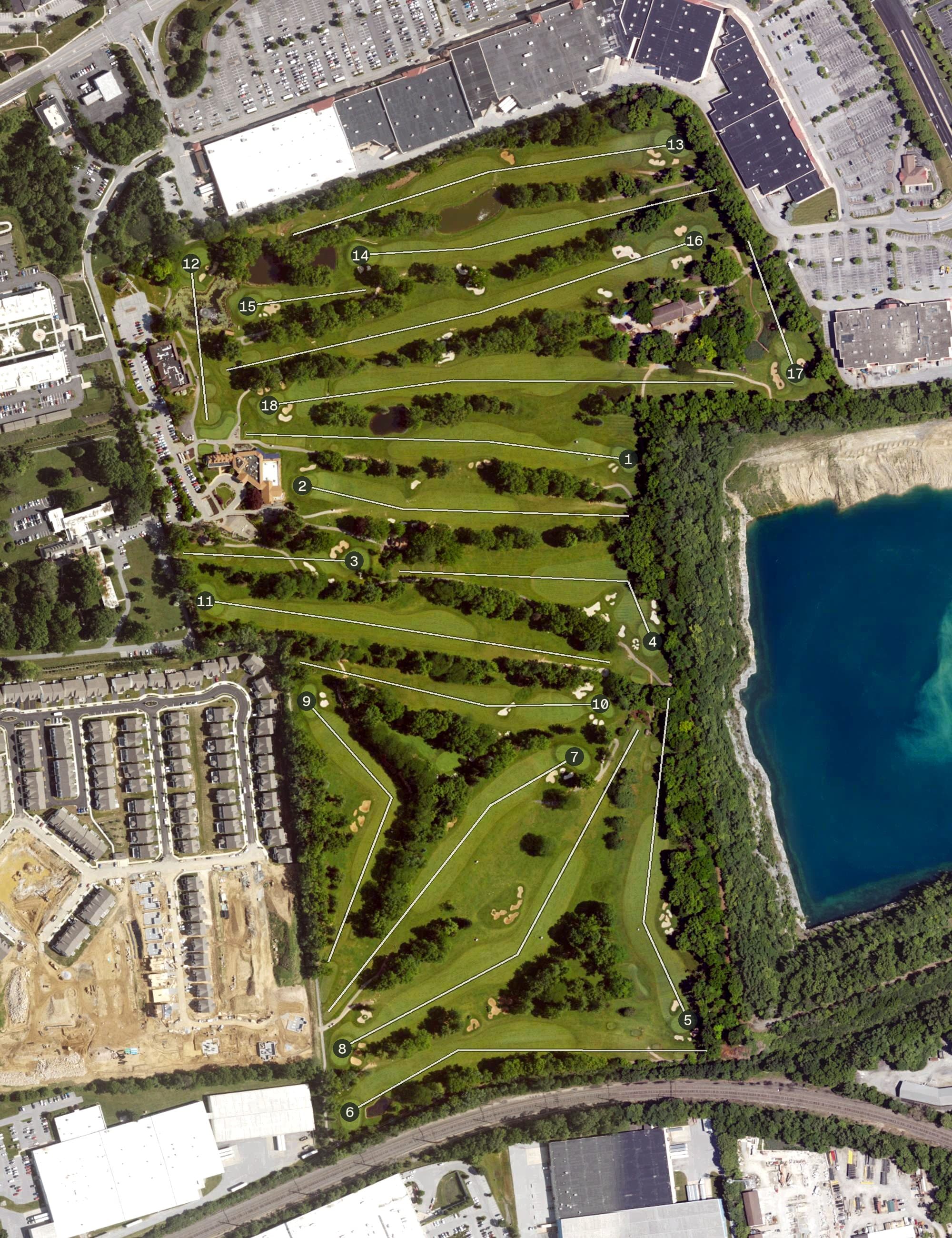 Aerial view of Downingtown Country Club, PA, with its hole routing marked