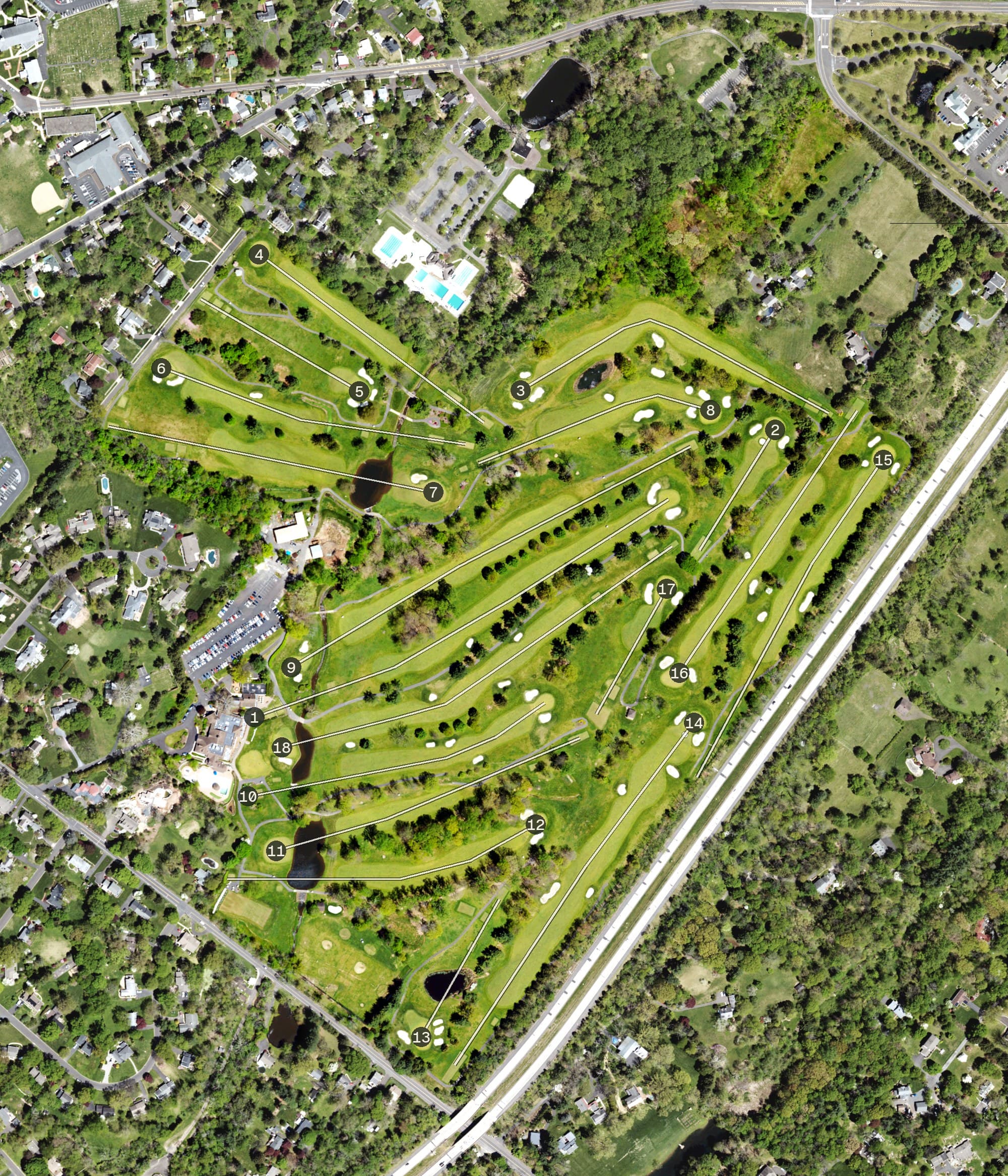 Aerial view of Doylestown Country Club, PA, with its hole routing marked